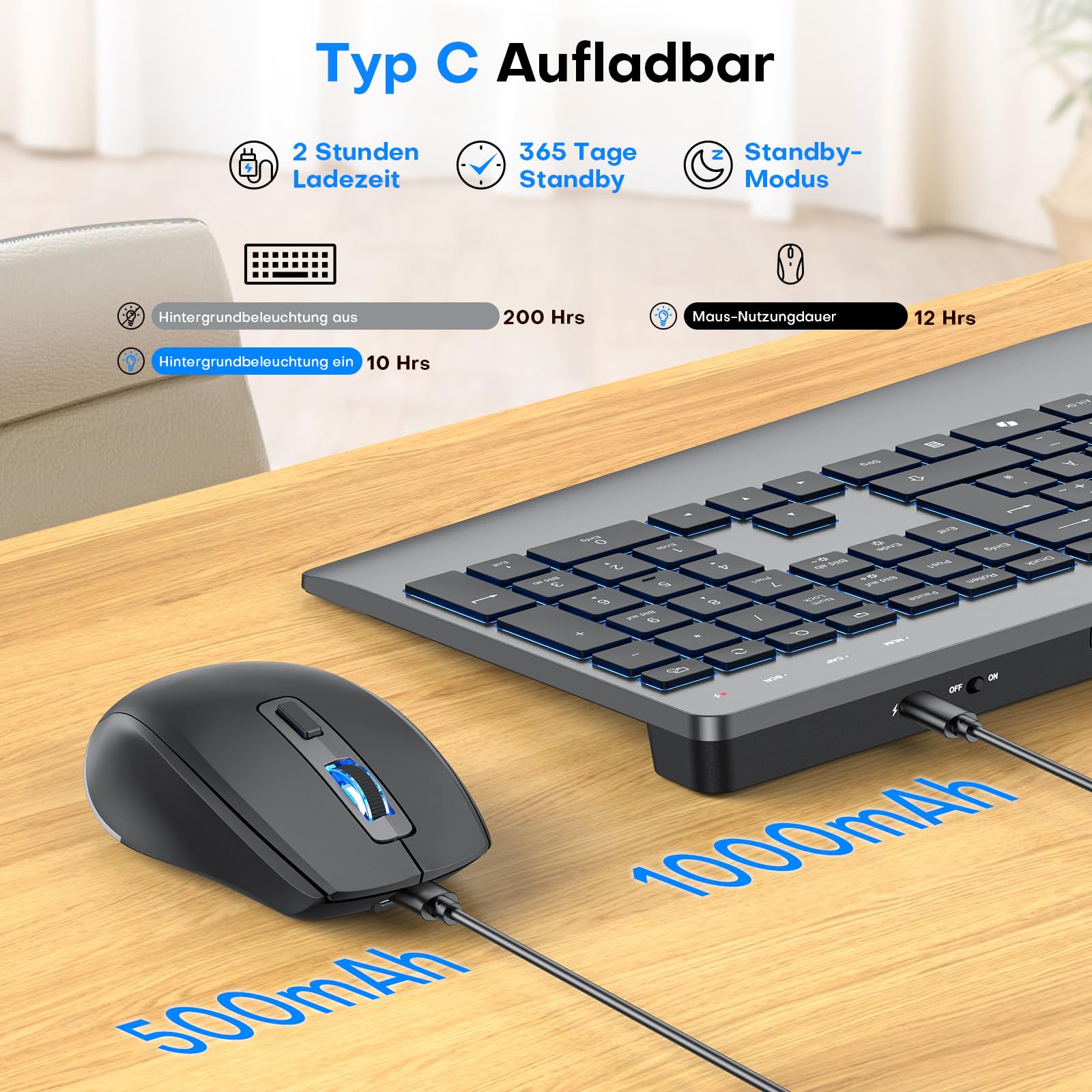 Tastatur Maus Set Kabellos 2,4GHz QWERTZ, OMOTON Beleuchtete Tastatur Leise | Handballenauflage, Ein USB Empfänger für beide Geräte, 4 DPI Maus, Wiederaufladbar, Ergonomische, Windows Linux, Home Office