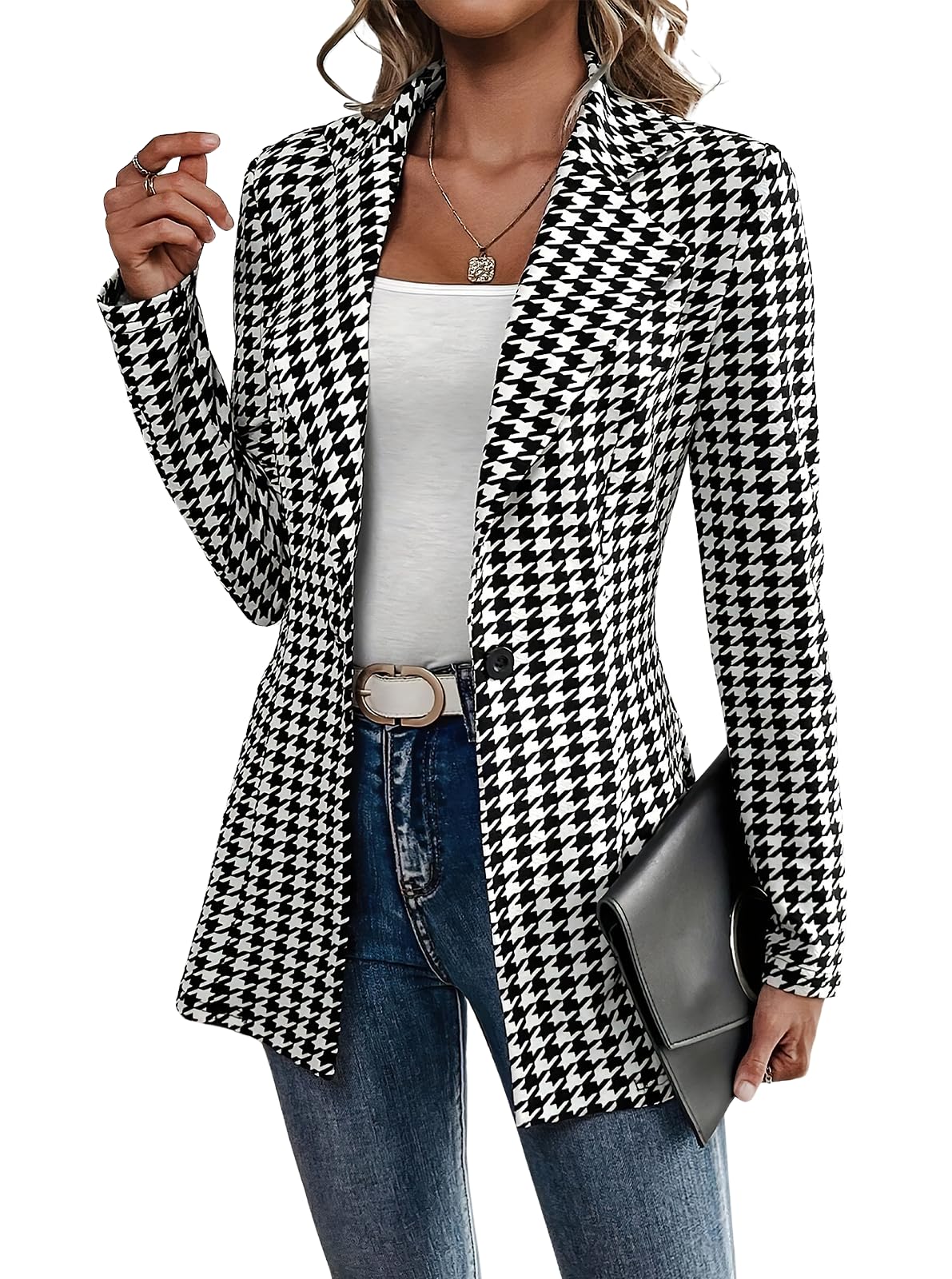 ebossy Womens Notched Lapel Houndstooth Blazer Jacket Classic 1 Button Elegant Slim Plaid Coat with Pockets