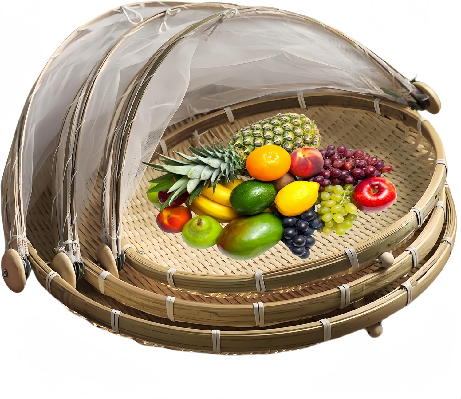 3PCS Round Food Tent,Woven Bamboo Fruit Basket with Lid Trays,Dustproof Mesh Food Covers for Outdoors,Food Fly Covers for Fruits Vegetable Bread,Food Storage Basket for Kitchen