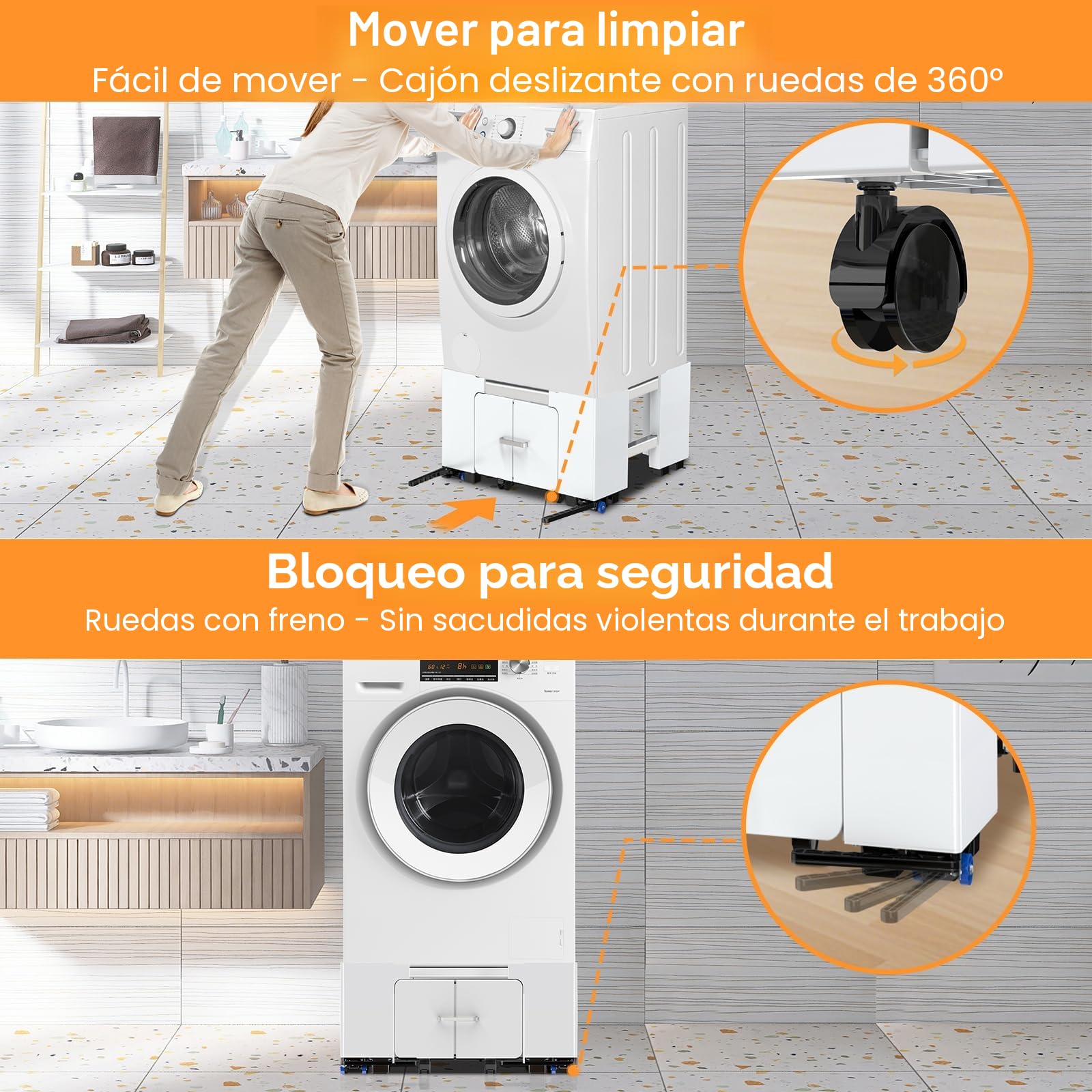 NIUXX Soporte Universal para Lavadora con Cajón y Ruedas, Función Antivibración Ajustable (42-69cm), Soporte Lavadora Secadora con Freno, para Lavadoras y Secadoras, Capacidad de Carga 400 kg
