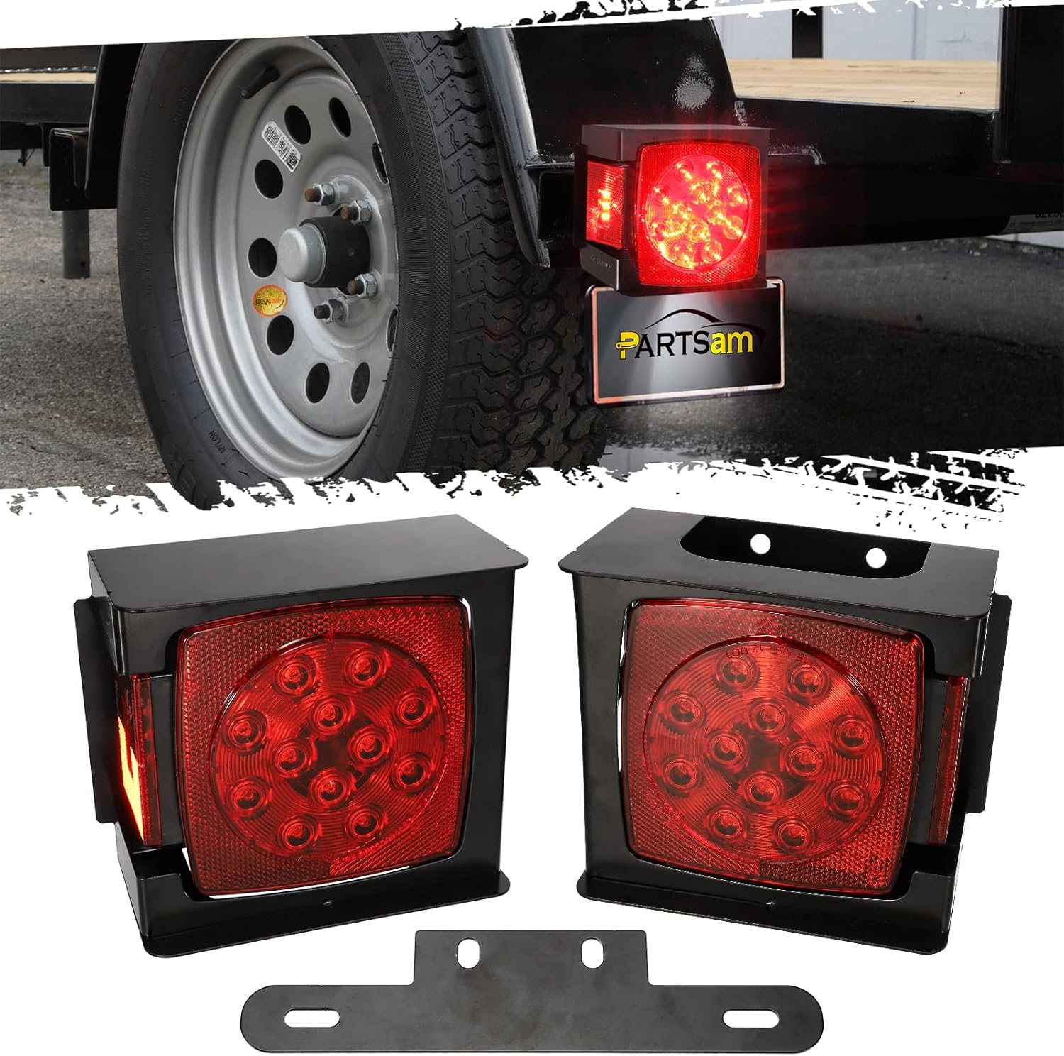 Partsam Waterproof Square Led Trailer Light Kit Red LED Stop Turn Tail License Brake Running Light Lamp with Steel Mounting Boxes License Plate Bracket for Under 80" Trailer Boat Truck IP68 Waterproof