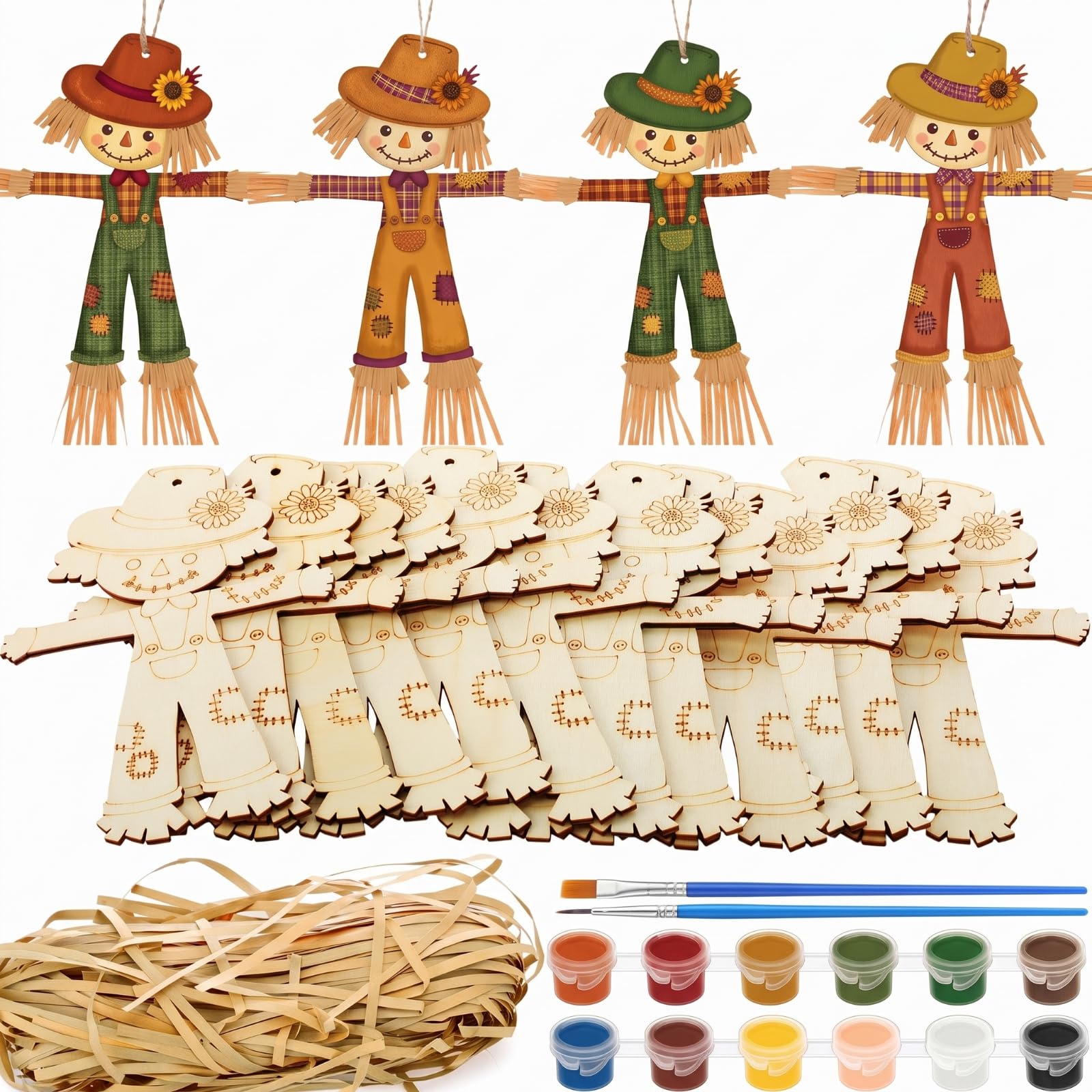 DoubleFill 12 Pcs Fall Scarecrow Craft Kit for Kids, Unfinished Wood Slices