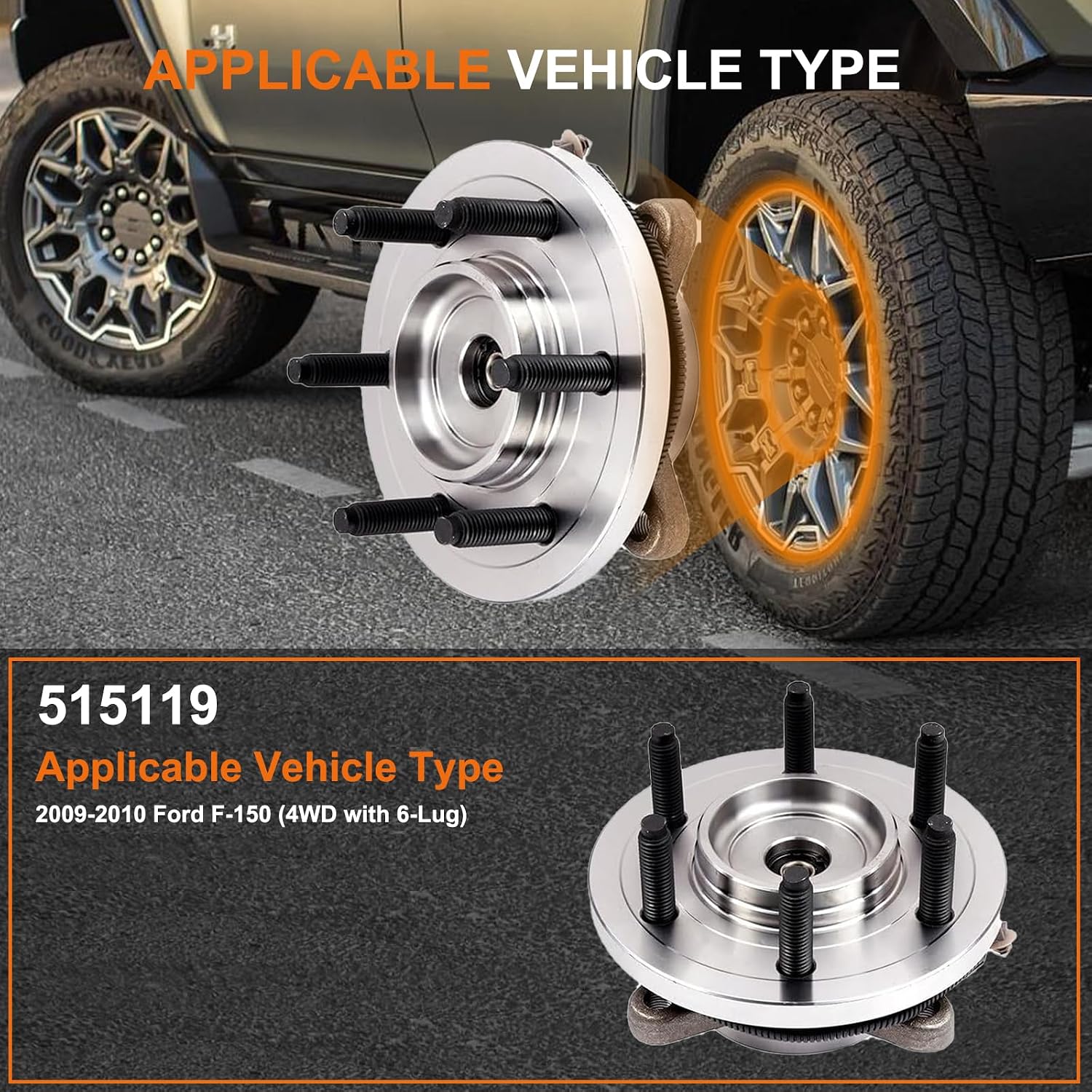 515119 Pair 2 Front Wheel Hub & Bearing Assembly for 2009-2010 Ford F-150 (4WD with 6-Lug)