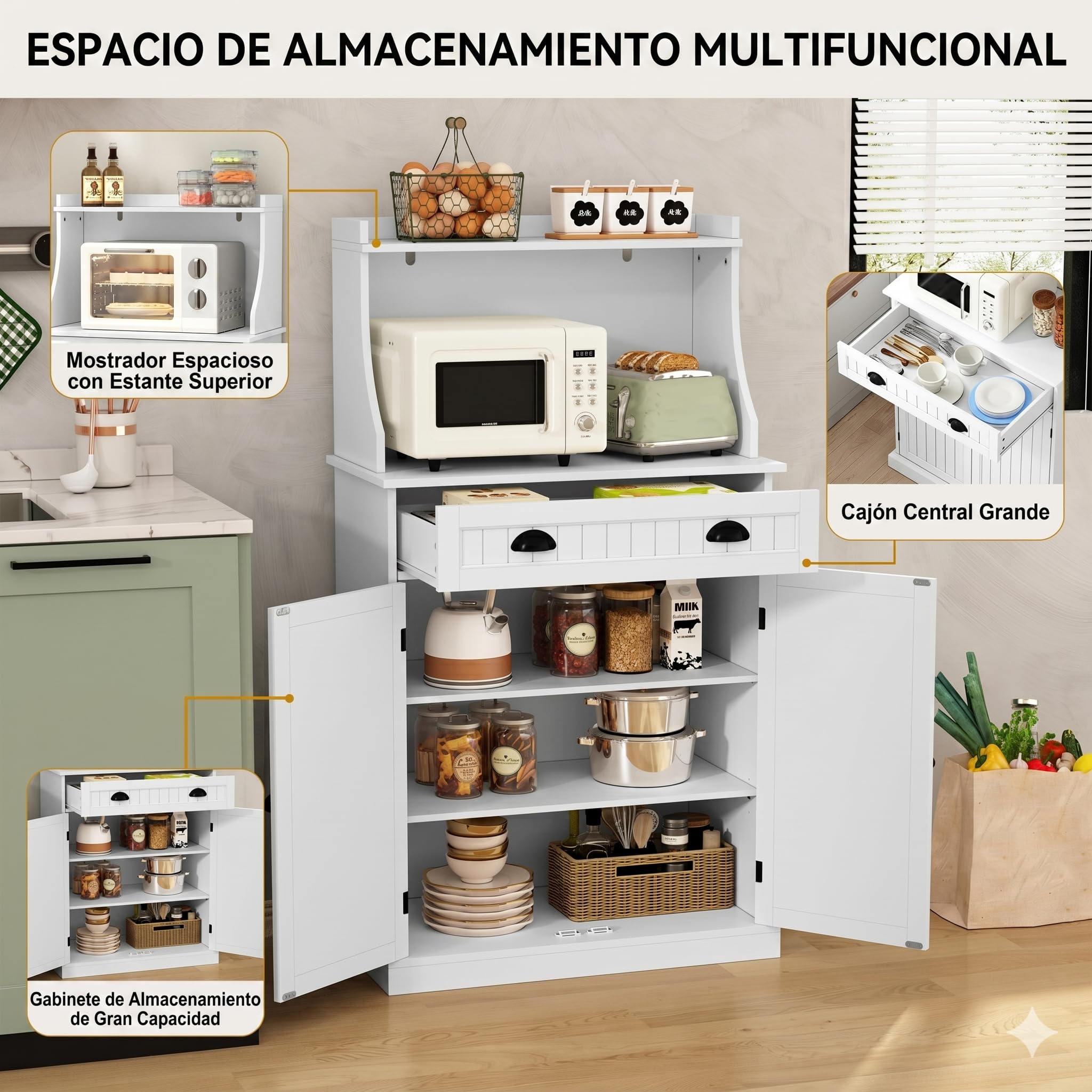HOLTICO Armario de Cocina Microondas Armario multifunción Blanco con Estante Ajustable, Armario Independiente para Cocina, salón, Dormitorio, Comedor,40x76x137 cm,Blanco