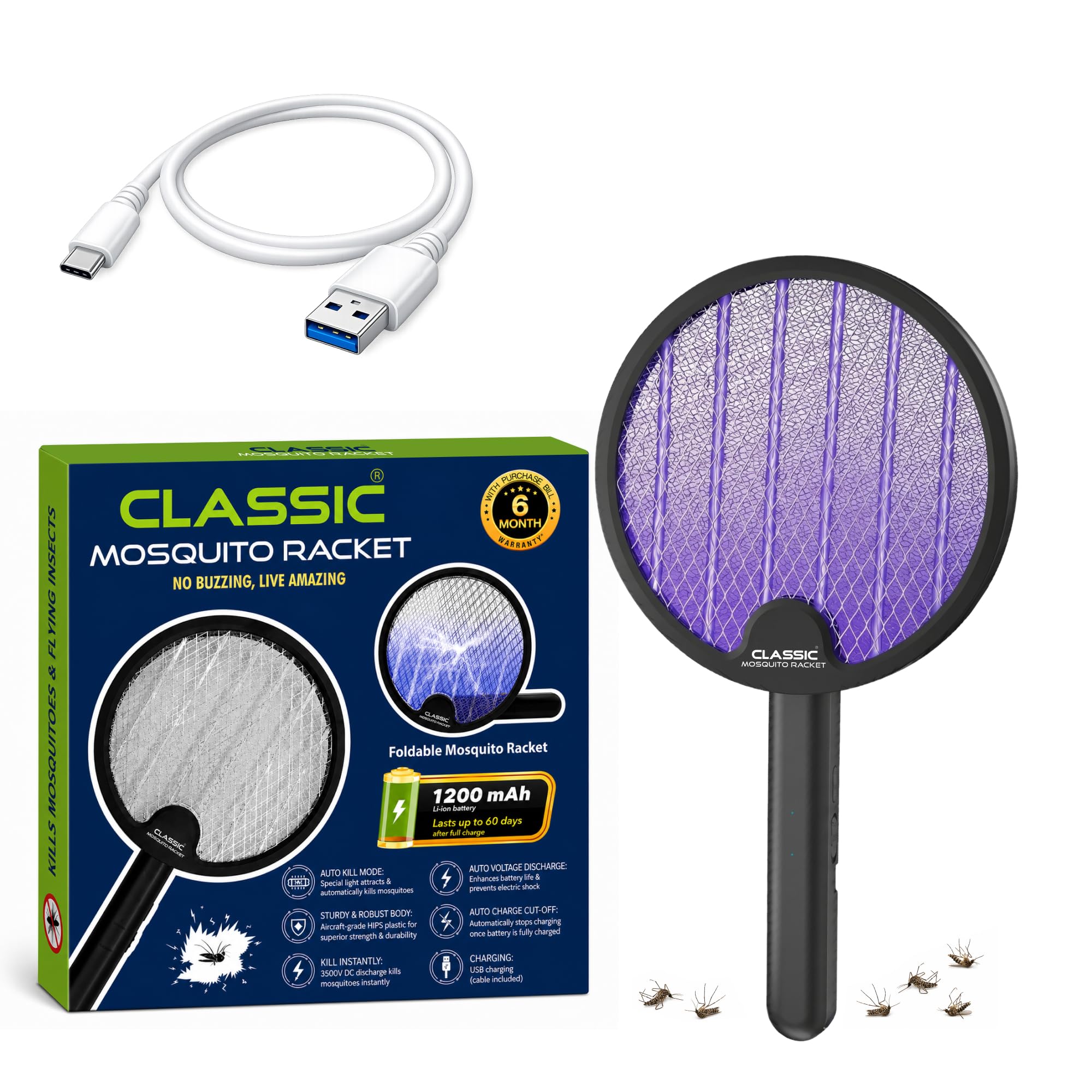 2-in-1 Mosquito Killer Bat with UV Light | 3500V Electric Fly Swatter, 1200mAh Lithium-Ion Battery, Mosquito Killer Lamp for Home, Foldable ABS Body, Made in India - Black-picture-32