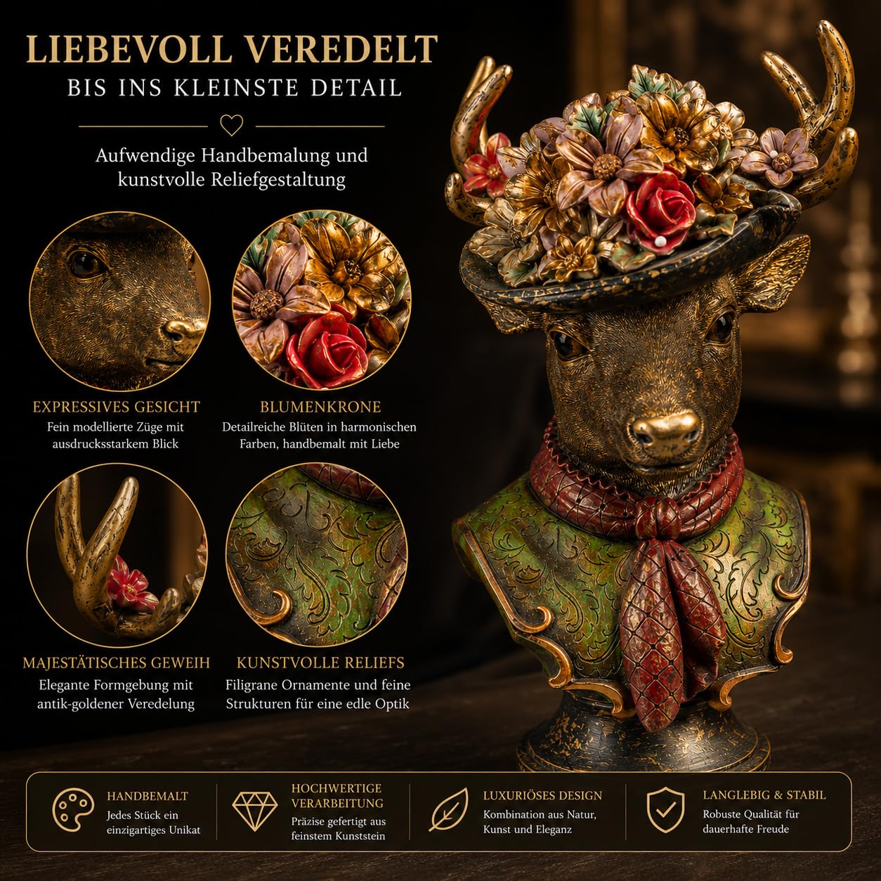 formano Popiersie jelenia figurka dekoracyjna 40 cm ręcznie malowana ze