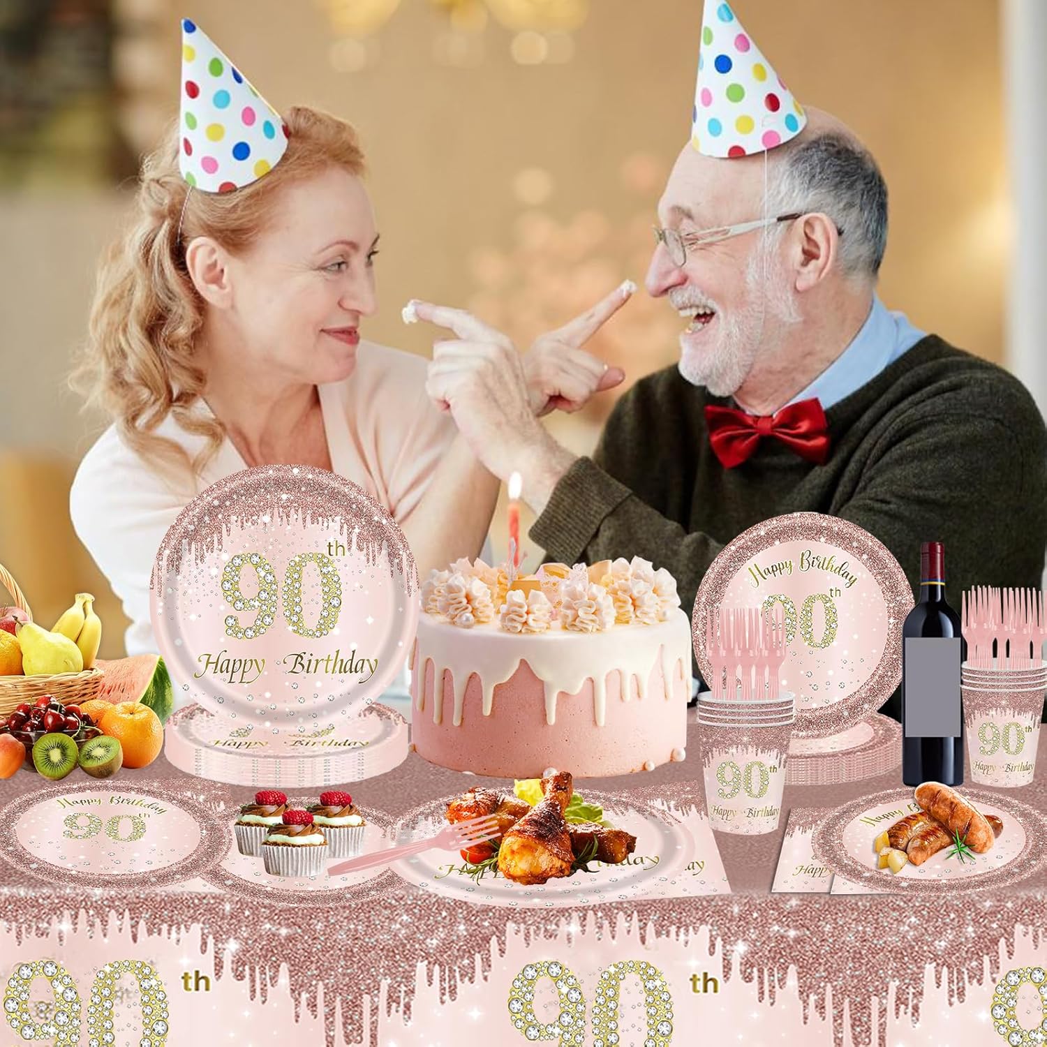 121Pcs 90th Birthday Party Supplies Plates Napkins Cups Forks Tablecloth Rose Gold Happy 90th Birthday Themed Disposable Tableware Decorations Serves 24 Guests for Women 90 Years - Image 4