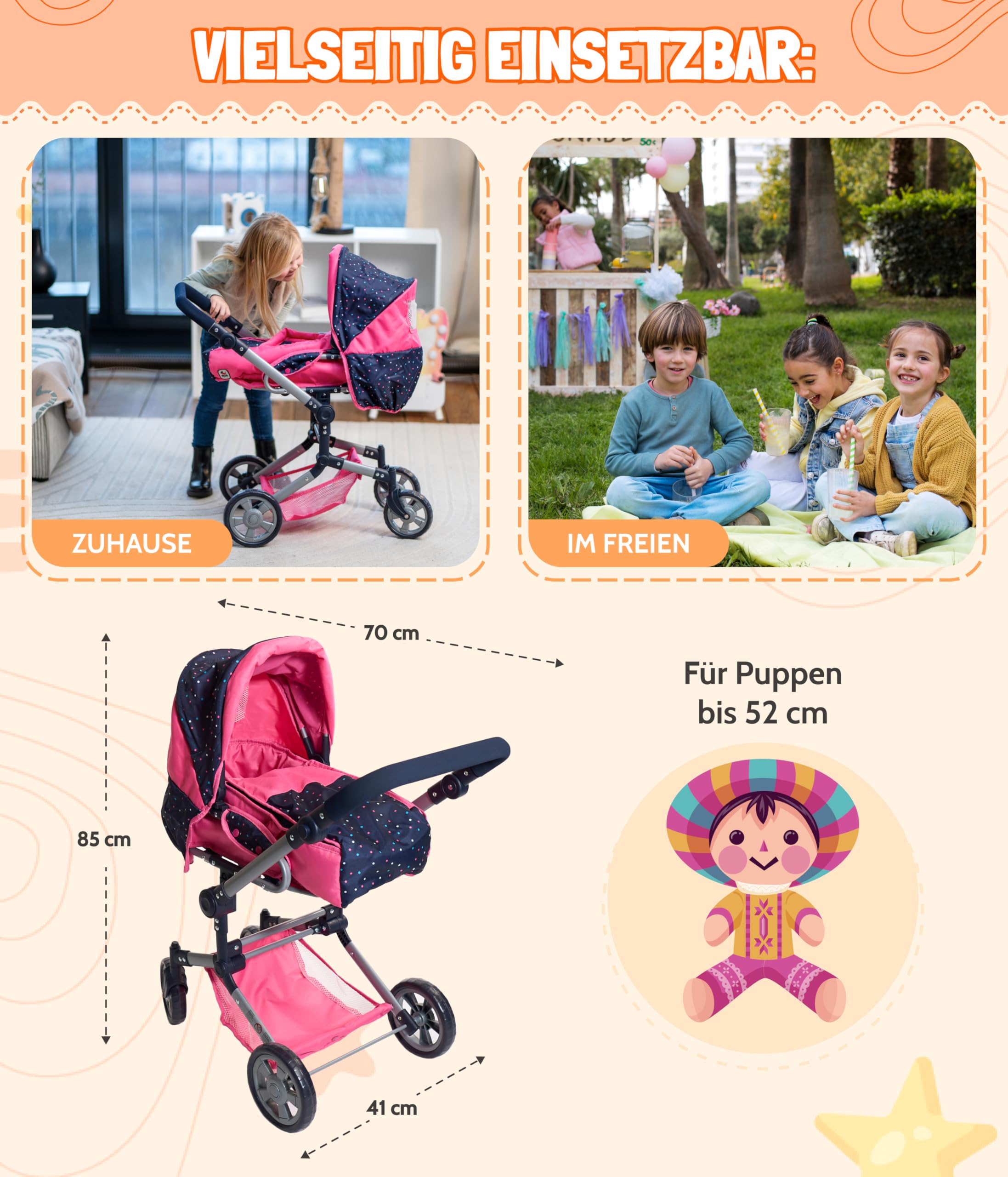 Bayer Chic 2000 - Wózek dla lalek Jara, 2 w 1, wózek dla lalek kombi, z wyjmowaną torbą do przenoszenia, wózek dla dzieci w wieku od 4 do 8 lat, konfetti różowe