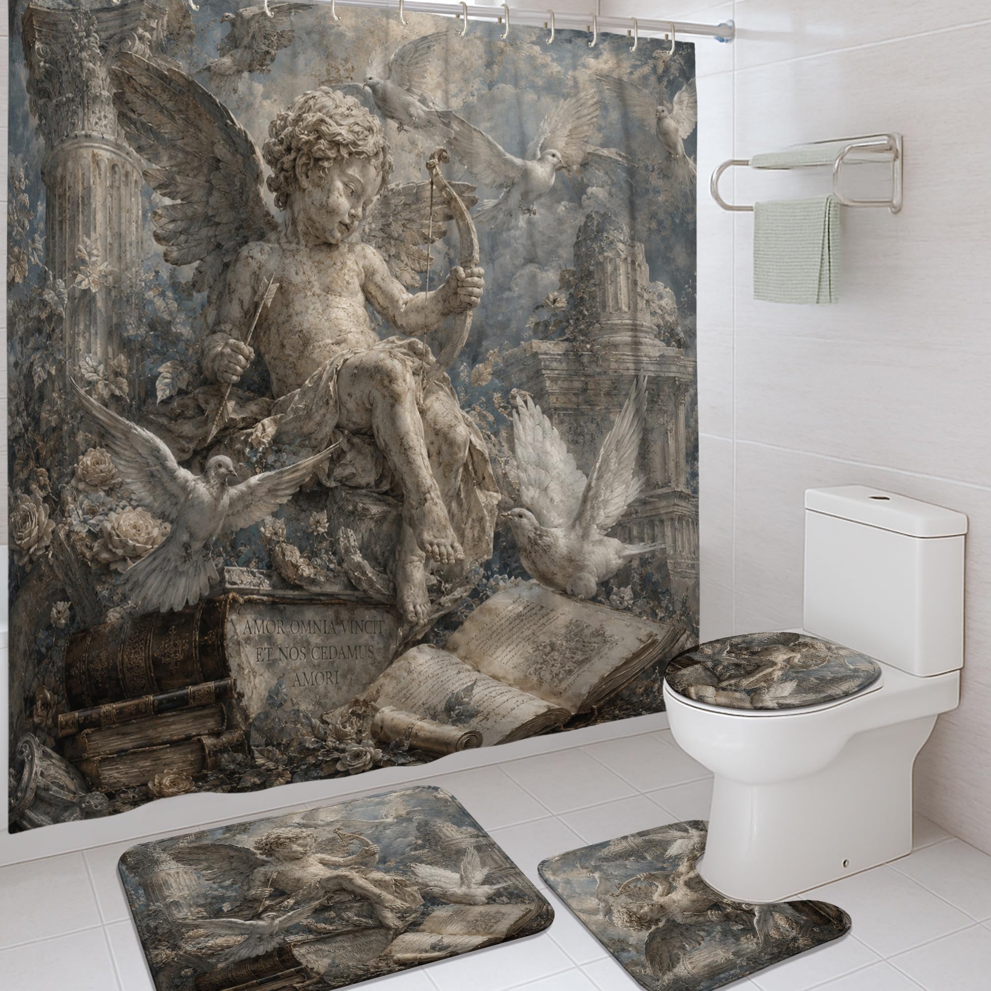 Rideau de douche ange et pigeons 183x183 cm étanche pour baignoire