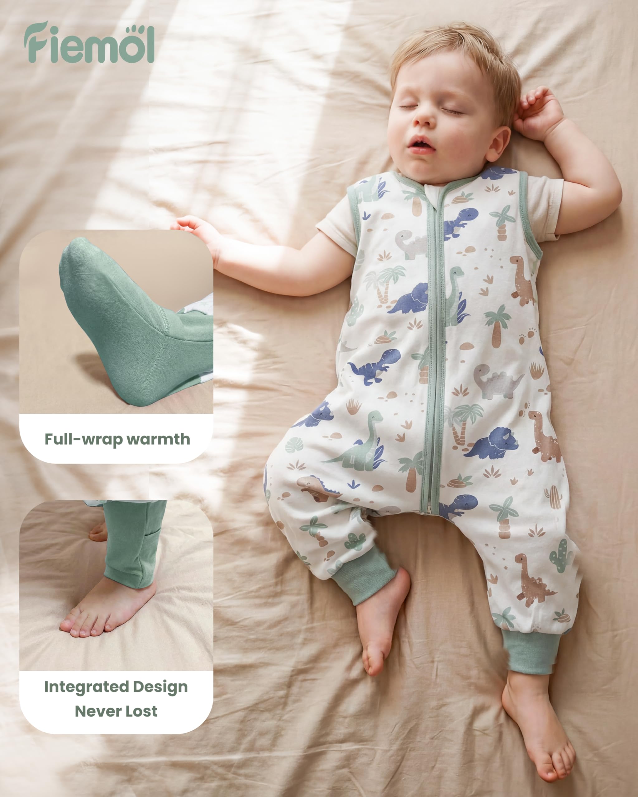 Gigoteuse avec Pied 18-24 Mois Enfant Turbulette avec Pied Legere 0,5 Tog 100% Coton Gigoteuse d'Été Bébé Fille Garcon Gigoteuses avec Jambes Dinosaure Vert