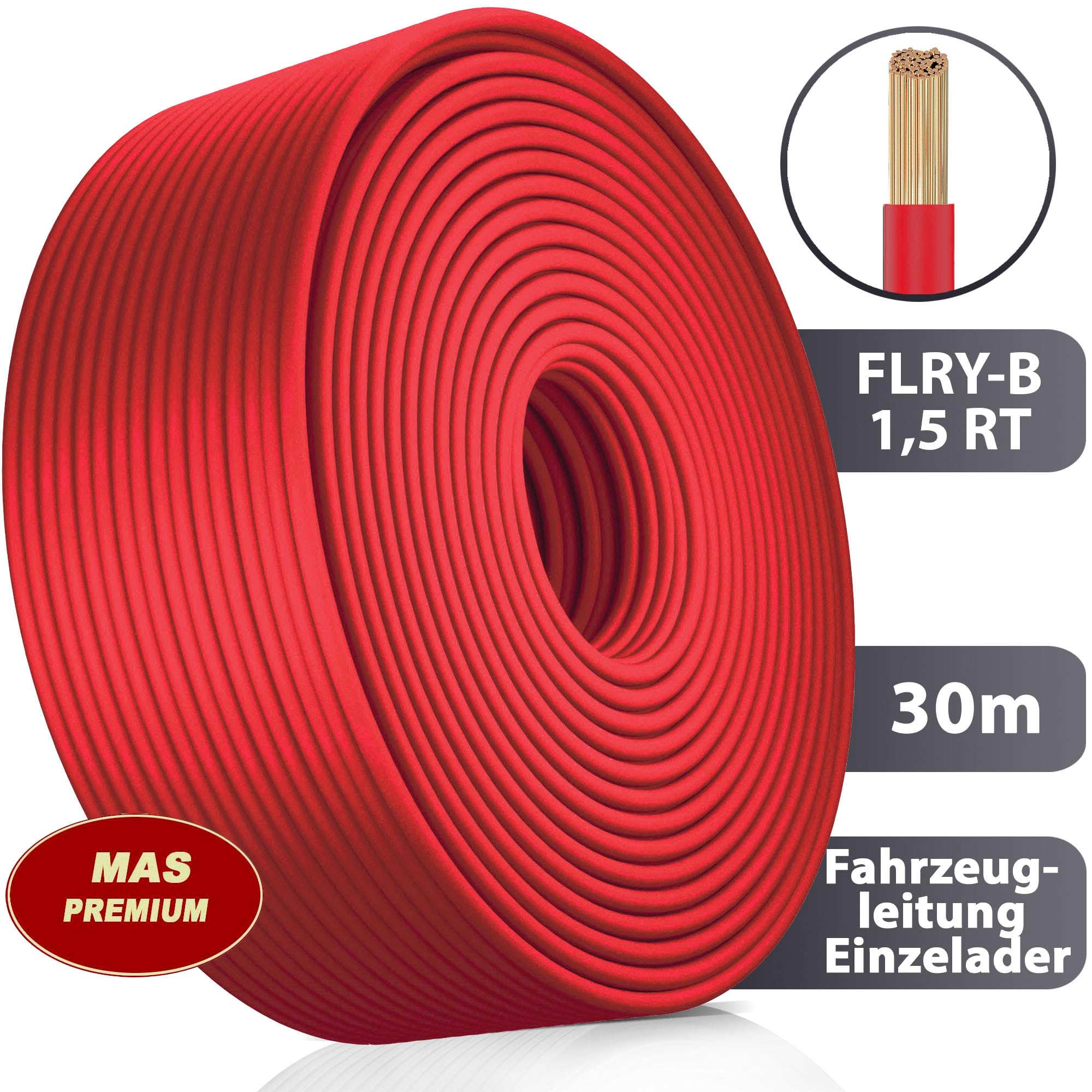 MAS Premium FLRY-B 1,5 oder 2,5 mm² Fahrzeugaderleitung 5-100m KFZ Kabel Einsatz in elektrischen Anlagen von Fahrzeugen 2st. Set (Rot + Schwarz) (FLRY-B 1,5 mm², 30m)