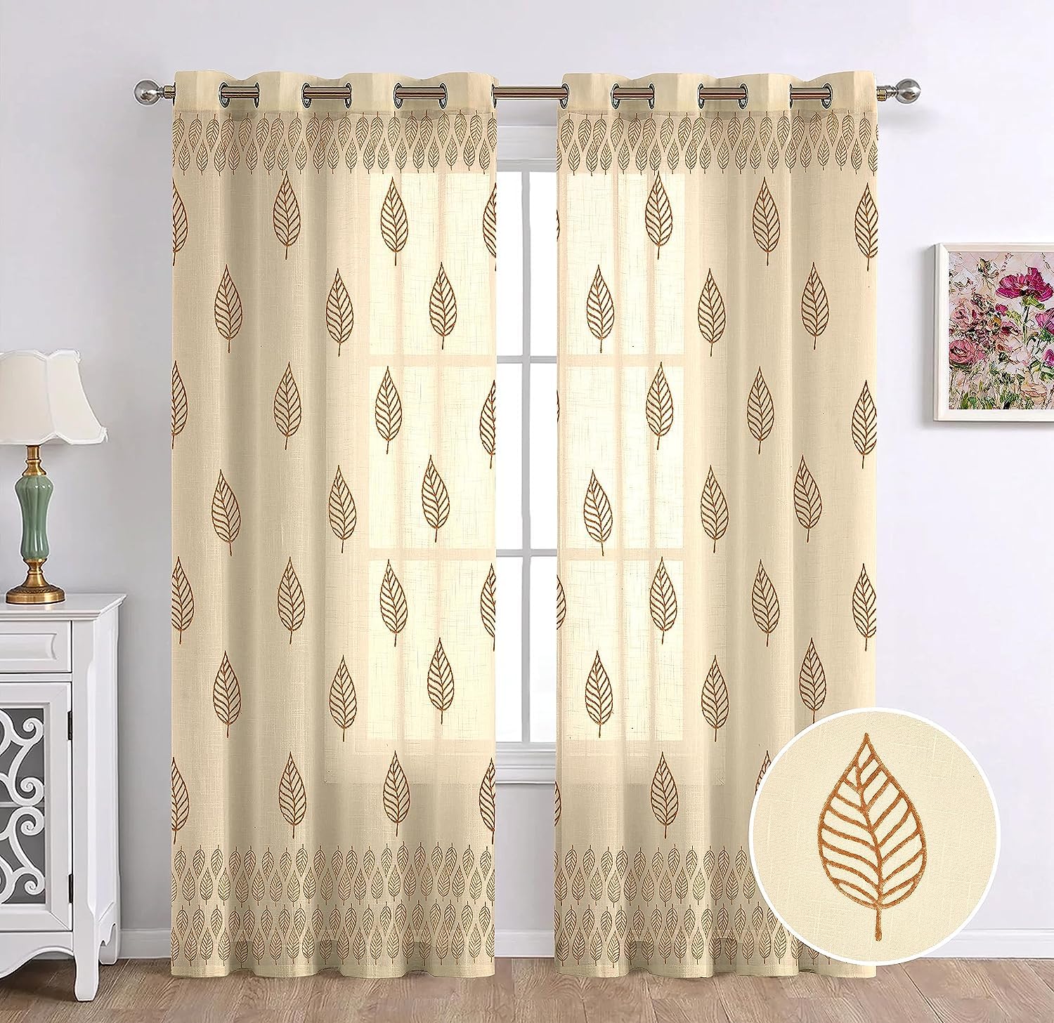 THE LINEN COMPANY Cotton Linen Betel Leaf Long Door Curtain Grommet Curtains Rings, Handblock Printed Curtain for Home Decor 4.5 X 10 Feet, Betal Leaf Print, Pack of 2 Pcs