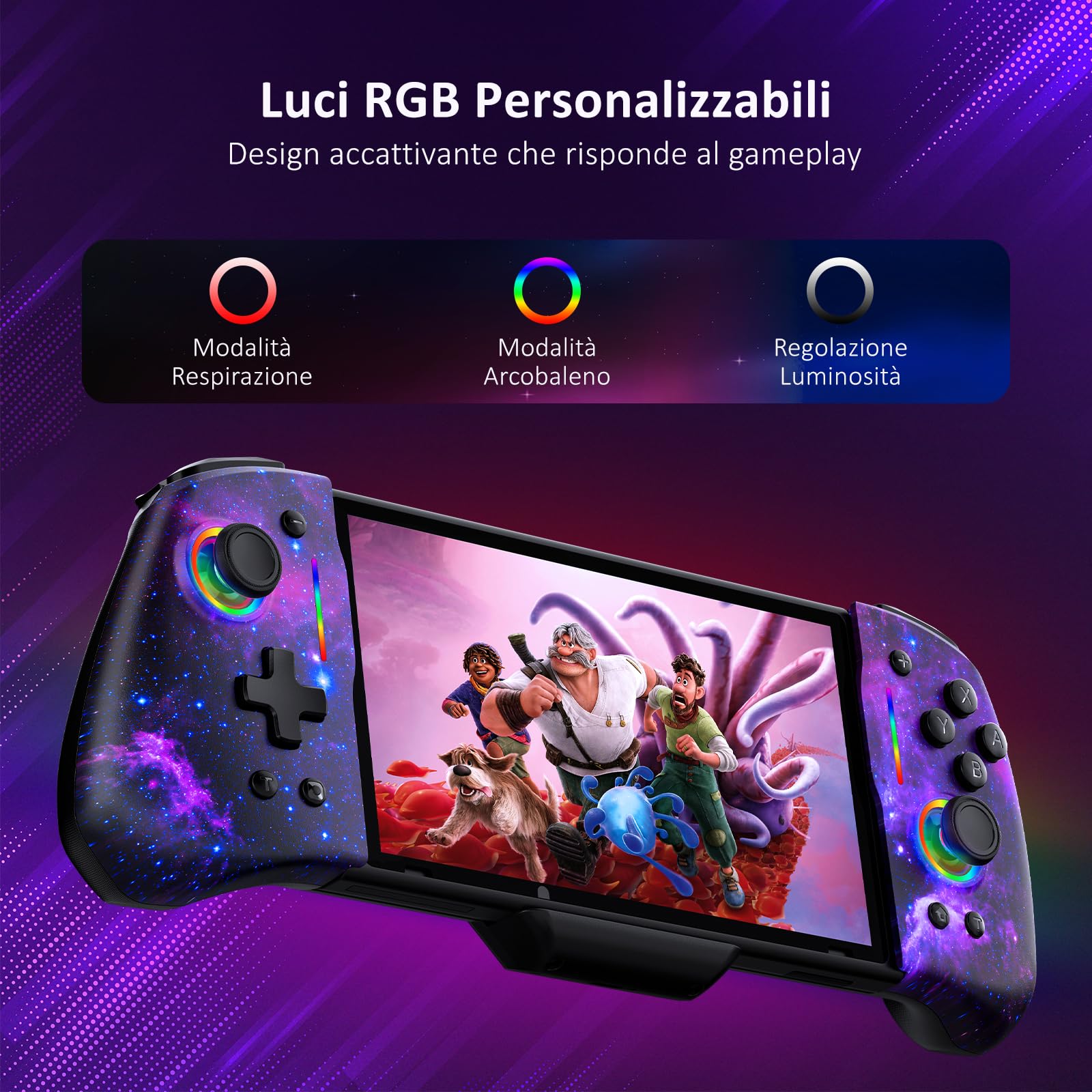 NexiGo Hall Effect Gripcon (Nessun Drift, Nessuna Deadzone) con Joystick a Effetto Hall per Switch/Switch OLED, Luce RGB Regolabile, giroscopio a 6 Assi, Turbo, Mappatura (Cosmic Nebula)
