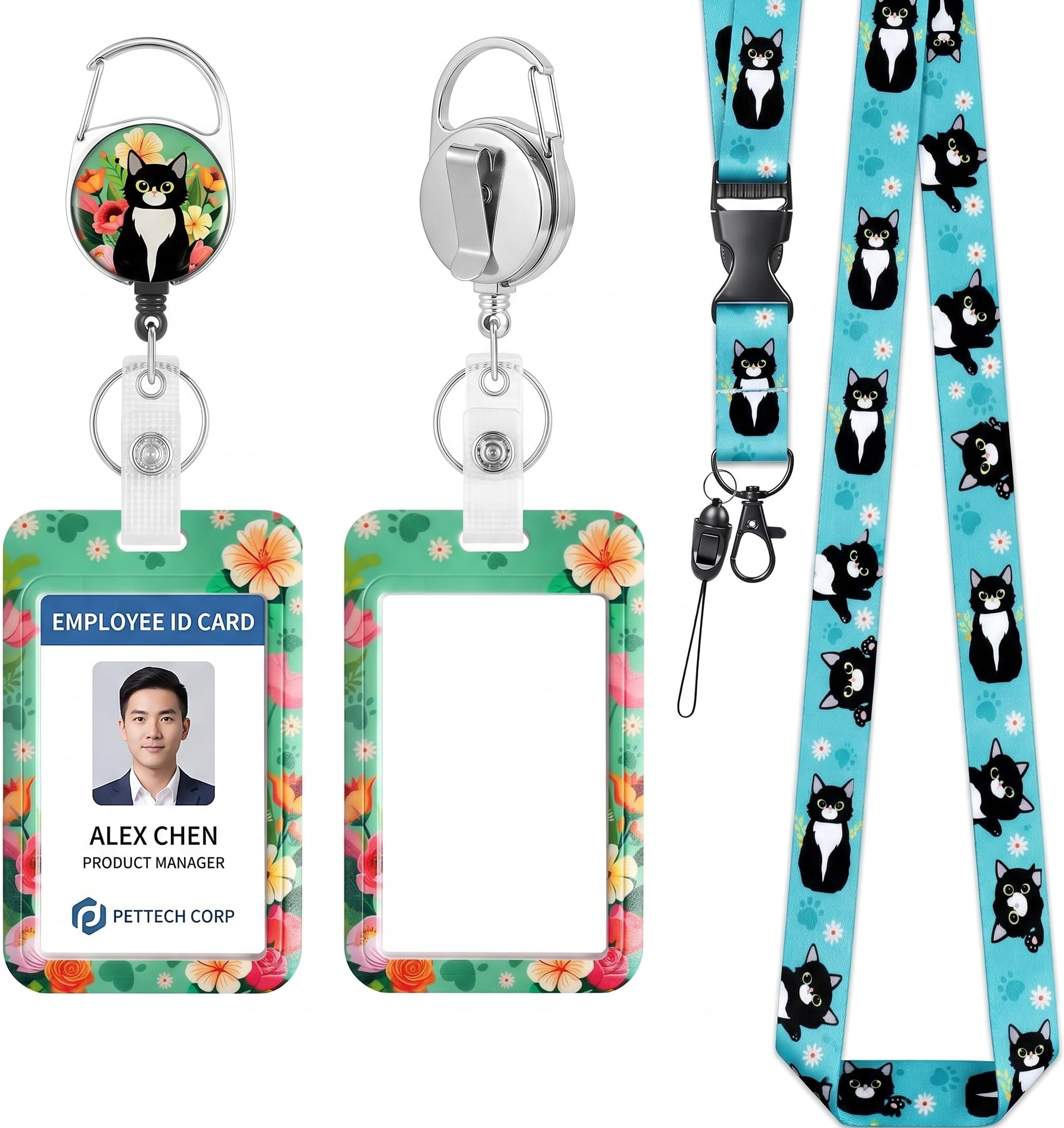 Cute Floral Cat Lanyard with ID Badge Holder, Retractable Reel and Detachable Neck Strap, Double-Sided Waterproof Vertical Card Protector for Office Nurse Teacher Student Use（2pcs）