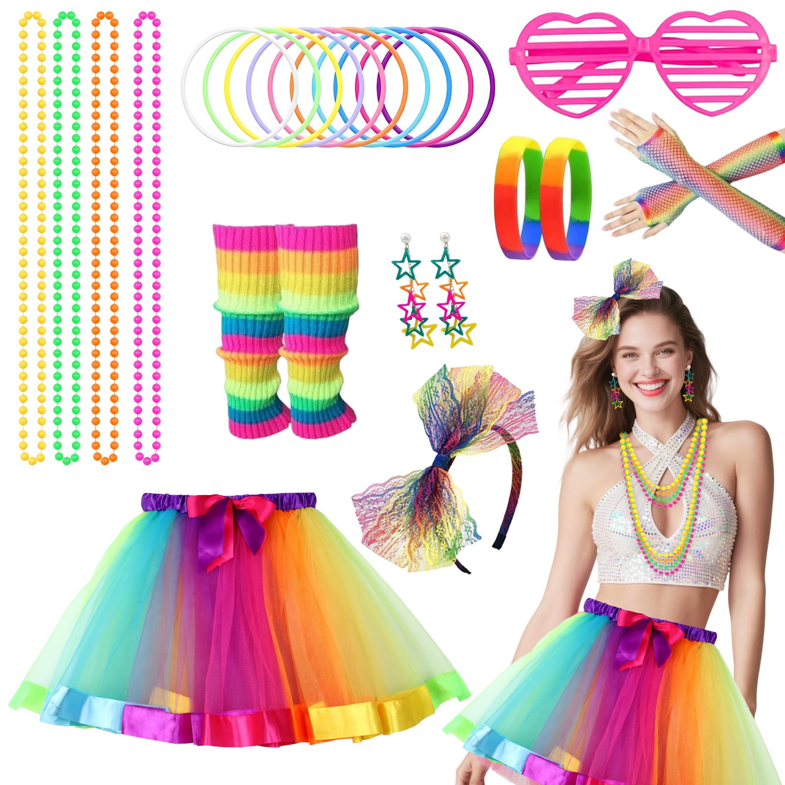 Meriviva 25 Pcs 80s Fancy Dress for Women, 1980s Accessories with Neon Tutu Skirt Bracelets Necklaces Leg Warmers Fishnet Gloves Headband Glasses Earrings for 80s Party Dress Up (Colorful)