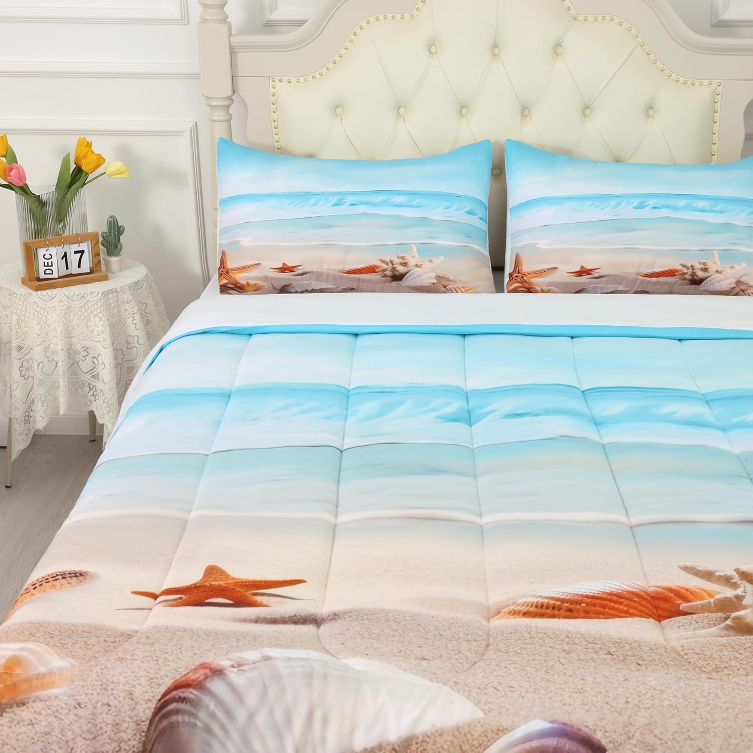 Blue Coastal Comforter Set Full, Beach Nature Theme Bedding for Boys Girls Women Bedroom, Ocean Starfish Qulit Sets, 1 Comforter, 2 Pillowcases - Image 5