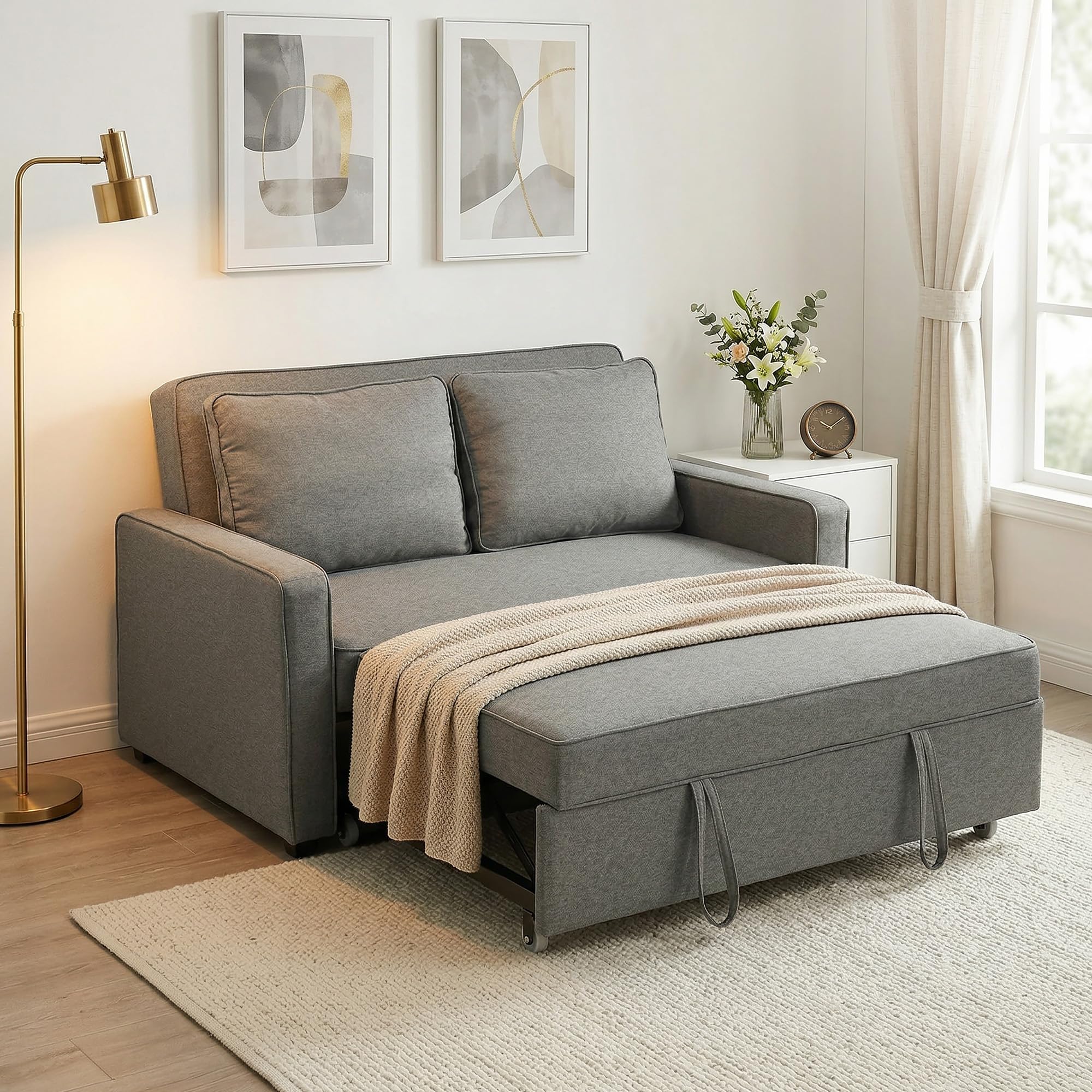 HOMCOM Divano Letto 2 Posti 3 in 1 Effetto Lino con 2 Cuscini, Divano Letto Matrimoniale Estraibile Reclinabile 3 Livelli Salvaspazio, Braccioli, Seduta Imbottita, Legno Eucalipto, Soggiorno, Grigio