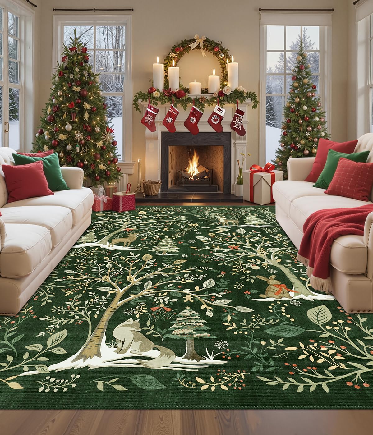 GarveeHome Christmas Area Rugs 8x10 for Living Room, Green Large Washable Rug Christmas Tree Animal Print Non Slip Carpet Indoor Holiday Rug for