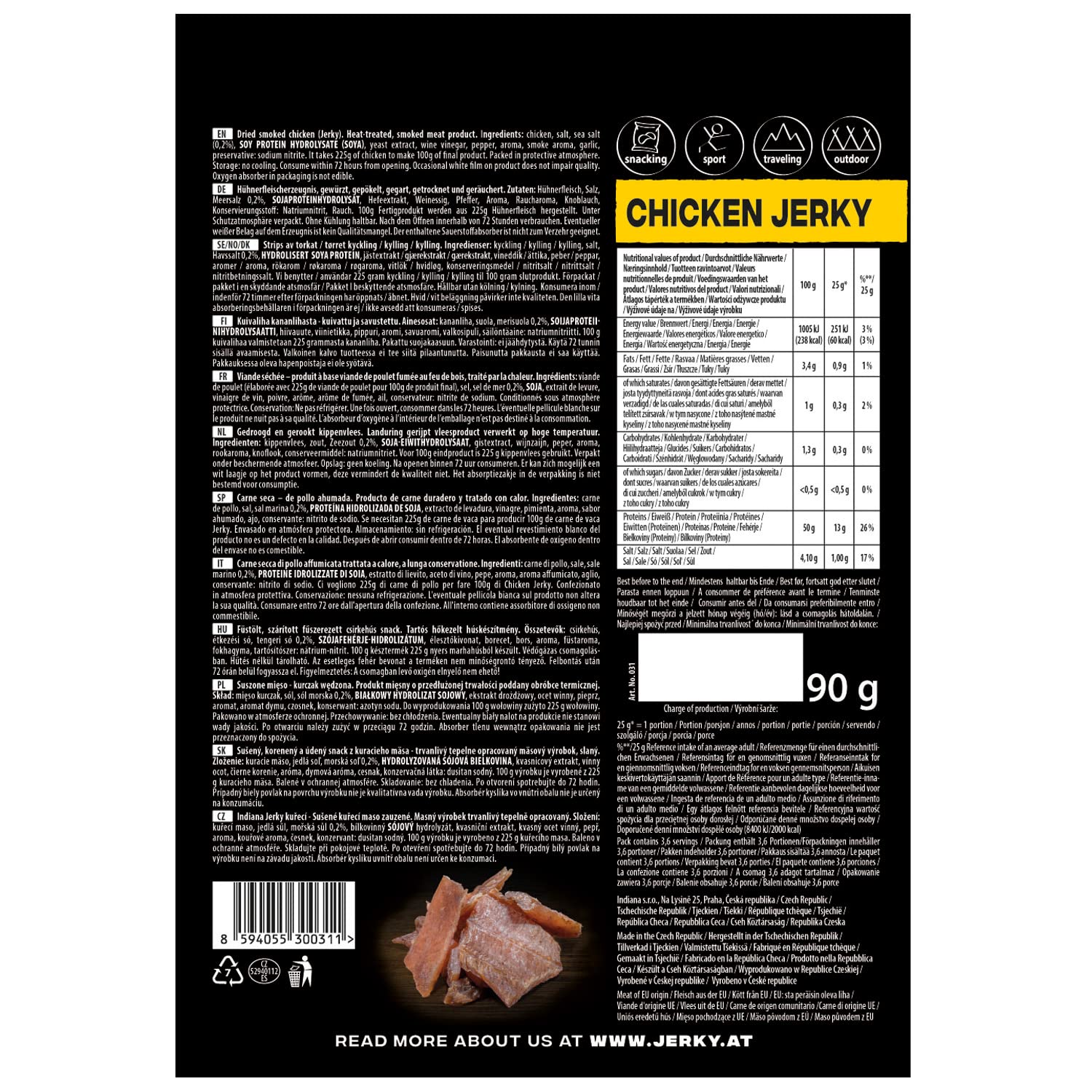 INDIANA BEEF JERKY Trockenfleisch, High Protein, ohne Zuckerzusatz (10 x 90g, Chicken Jerky)