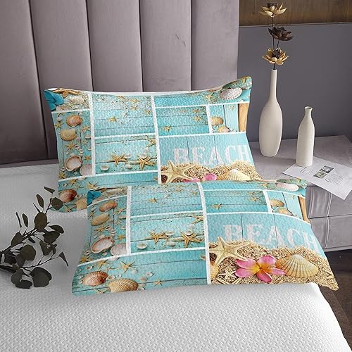 Miniatura 4 de Erosebridal Sábanas de playa de Hawaii, juego de sábanas bajeras de conchas marinas de estrellas de mar, ropa de cama matrimonial con flores de