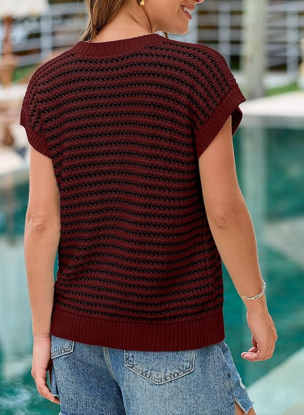 EVALESS Cap Sleeve Knit Sweater Tops Sleeveless Vest 2026 Clothes Oversized Trendy Summer Tank Tops Burgundy Stripe Large by EVALESS - Image 3
