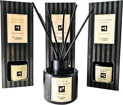 Deluxe Luxury Reed Diffuser Gift Set   3 x 100ml | Peony & Blush Suede, Blackberry & Bay, Wood Sage & Sea Salt | Long Lasting Home Fragrance | Aromatherapy Gift for Housewarming & Weddings