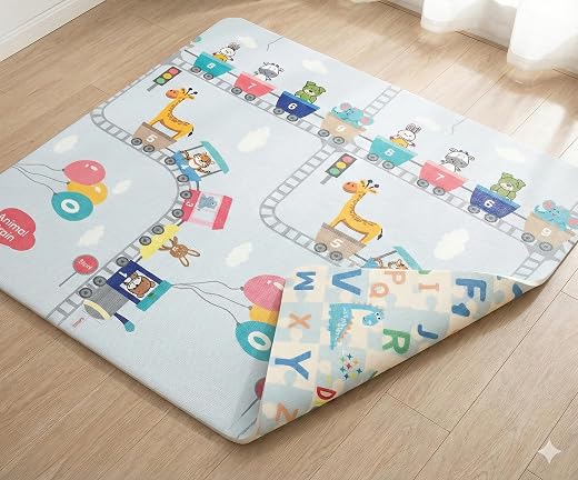 TinyPlay Animal Train Reversible Baby Play Mat, Baby Playmat for 0–3 Years Thick 0.6 cm, Waterproof Play Mat for Babies 0–...