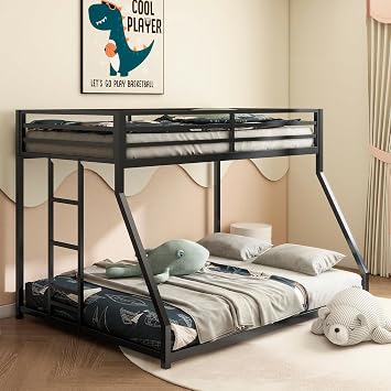 GNIXUU Metal Bunk Bed Twin Over Full, Heavy Duty Bunk Bed with Safety Guardrail & Ladders, Full Bed Frames for Bedroom, No Box Spring Needed, Space Saving, Easy Assembly, Black