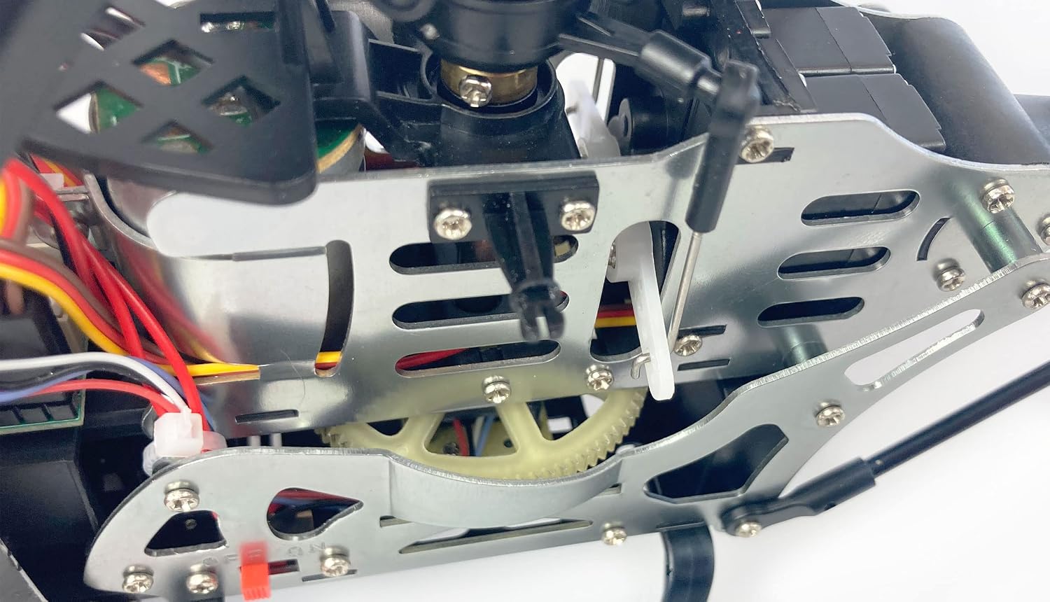 Close-up of the tail rotor assembly of the Amewi Buzzard V2 helicopter
