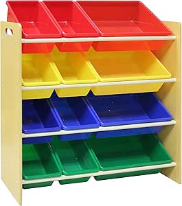 Pidoko Kids Toy Storage Organizer | Wooden Children's Storage Rack, with Primary Color Plastic Bins (Natural)