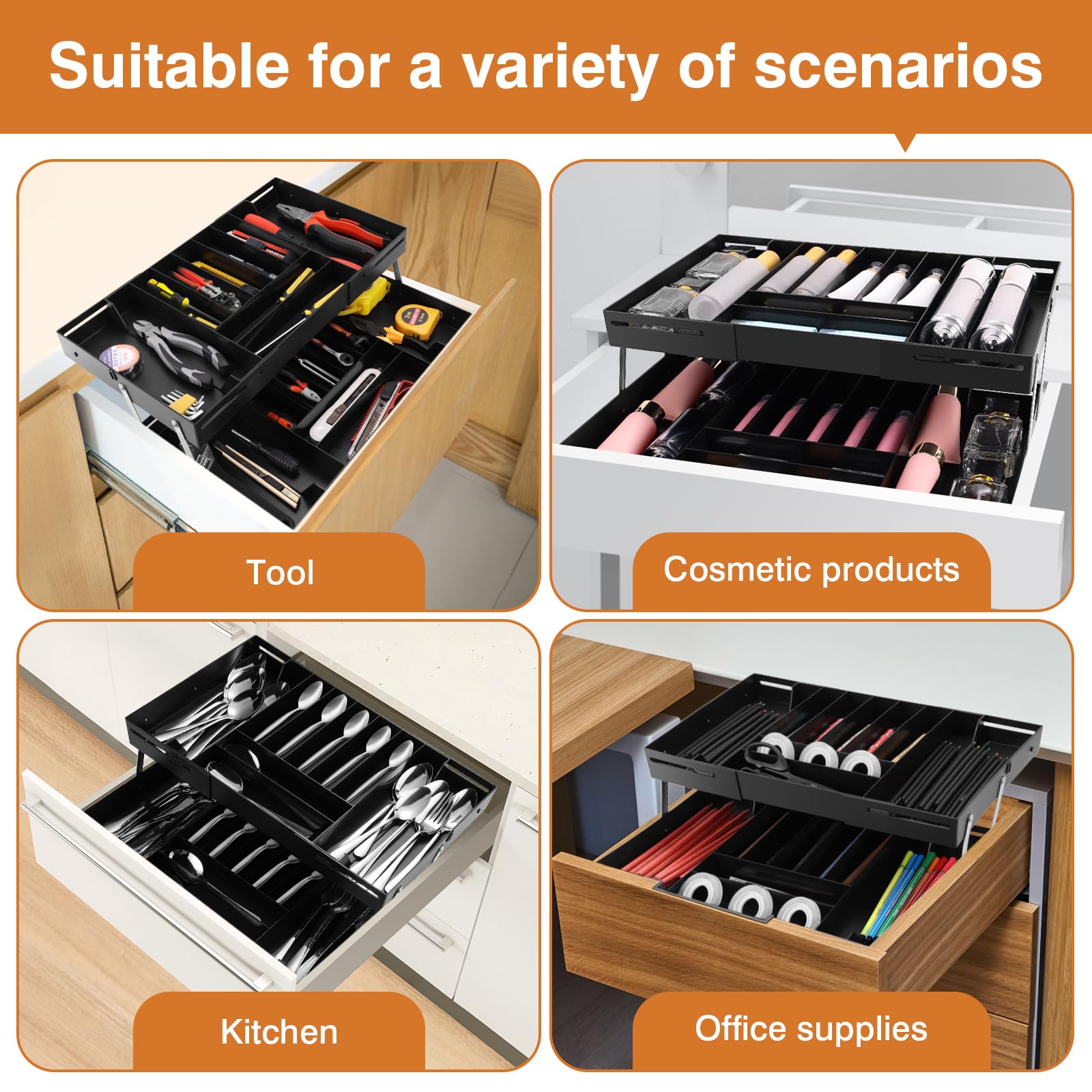 Organizer per cassetti a 2 ripiani, extra large e alto, espandibile, organizer da scrivania per strumenti di ferramenta, trucchi, gioielli (nero)