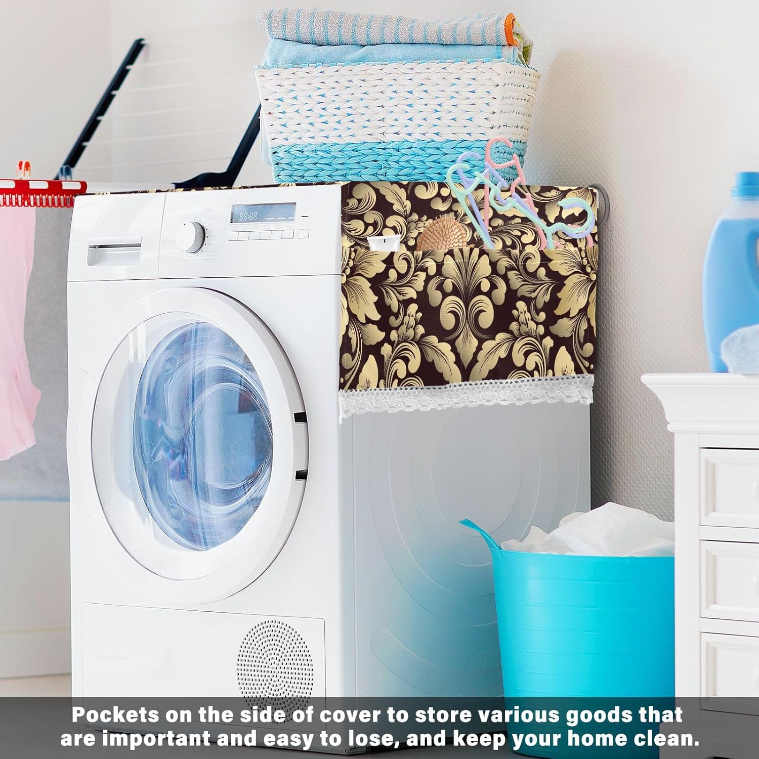 Washer And Dryer Covers For The Top Washing Machine Organizer Dustproof Storage Covers Anti-slip Fabric For Washing Machine Refrigerator Microwave Oven Other Electrical Appliances Damask