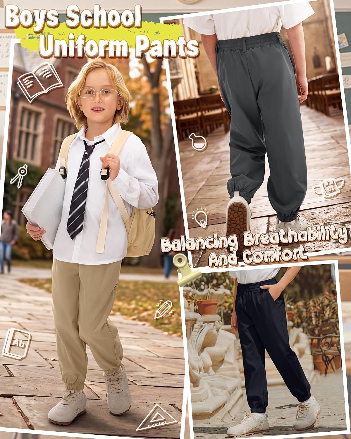Yooo's Vivi 3 Pack Baby and Toddler Boys Pants Kids Chino Pants Pull on Uniform Joggers with Pockets Size 12 M-5 T