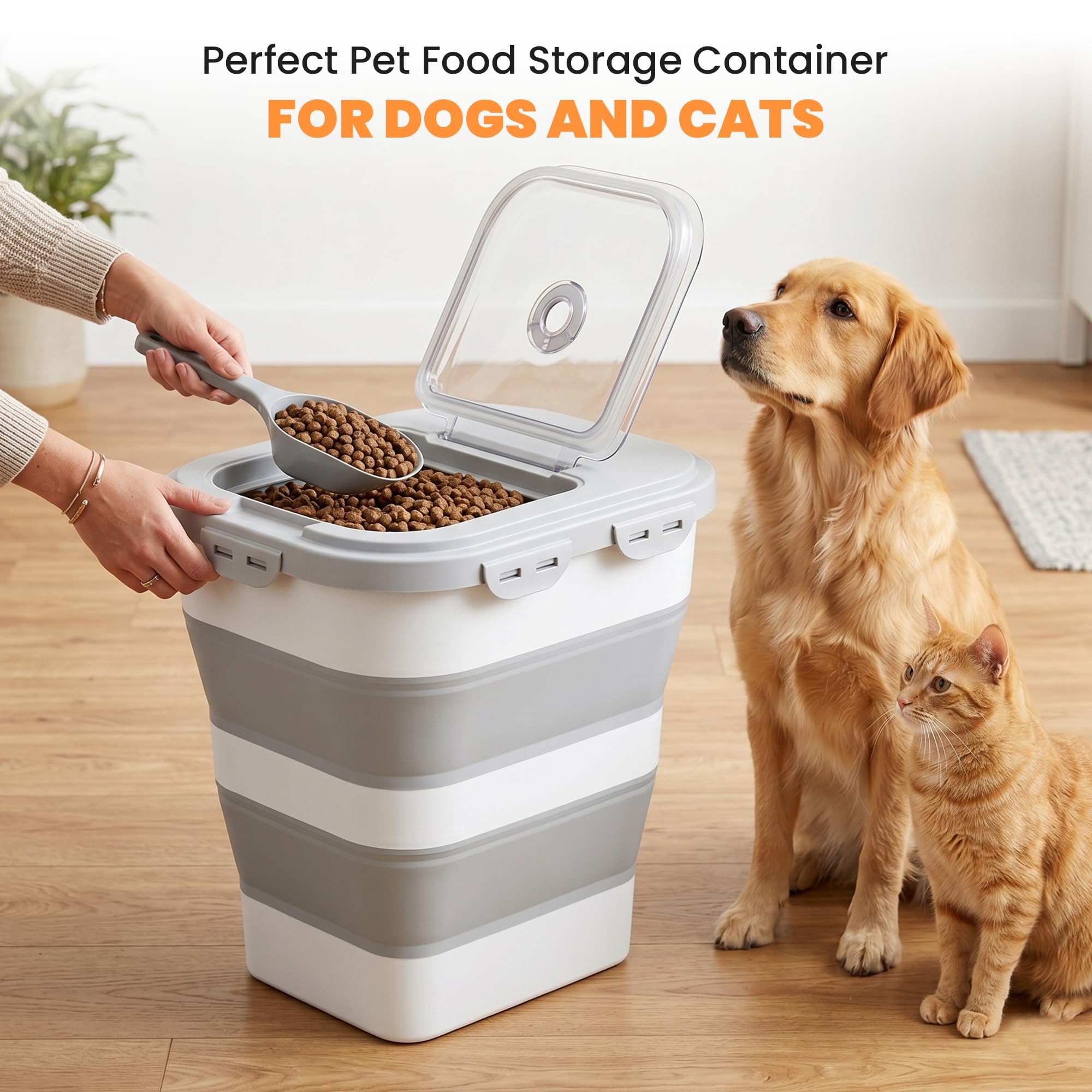 Contenedor de almacenamiento de alimentos para perros de 35 a 40 libras, contenedor plegable para alimentos para mascotas con tapas herméticas, ruedas desmontables, cuchara y 2 recipientes de