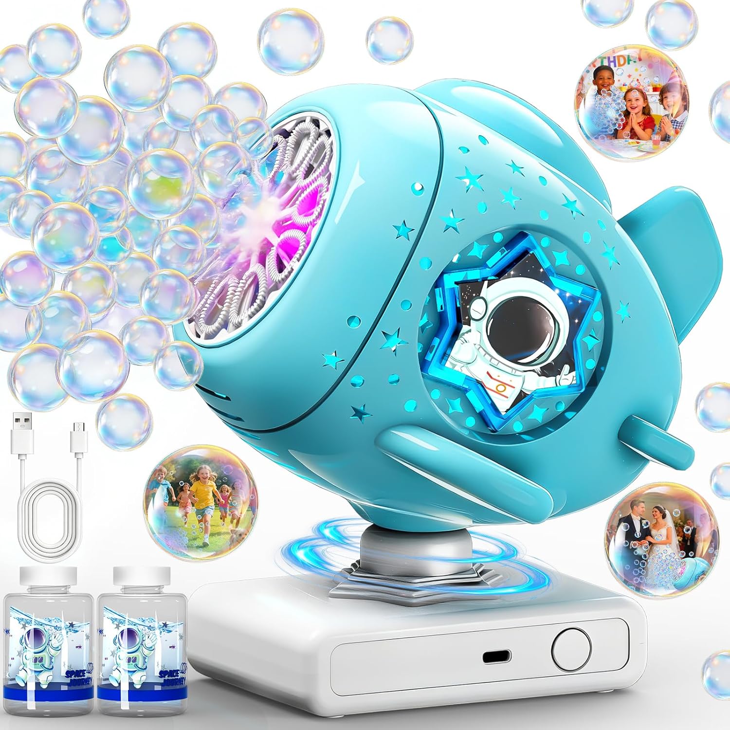 Sitodier Rechargeable Bubble Machine, Automatic 360° Rotatable Bubble Maker Toys with Light, Spaceship-Shaped Bubble Blower for Kids Toddlers, Easter, Birthday, Parties, Wedding, Outdoor Activities