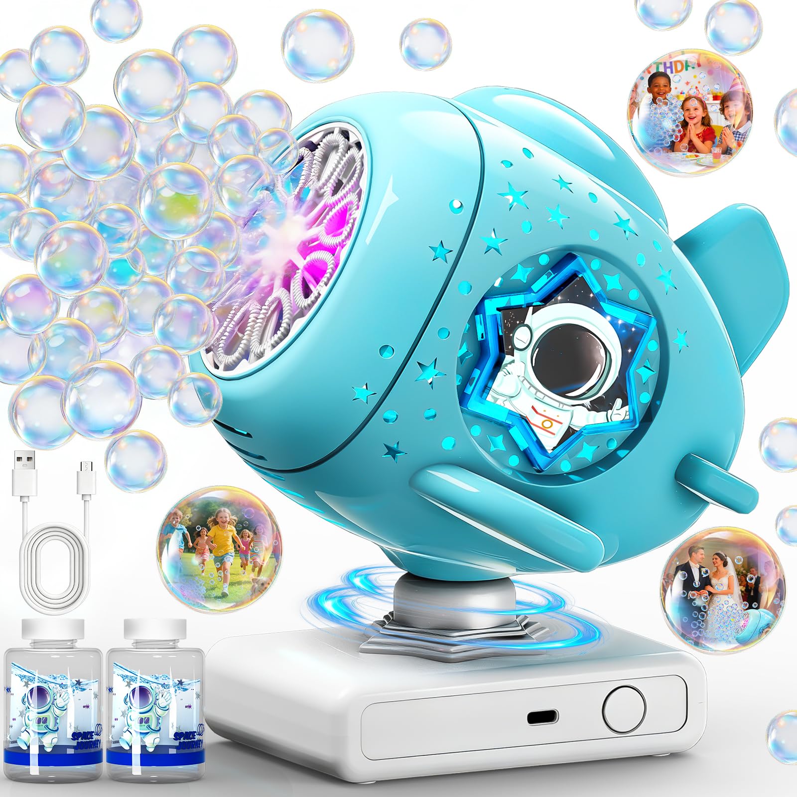 Sitodier Rechargeable Bubble Machine, Automatic 360° Rotation Bubble Maker Toys with Light, Spaceship-shaped Bubble Blower for Kids Toddlers Boys Girls, Birthday, Parties, Wedding, Outdoor Activities