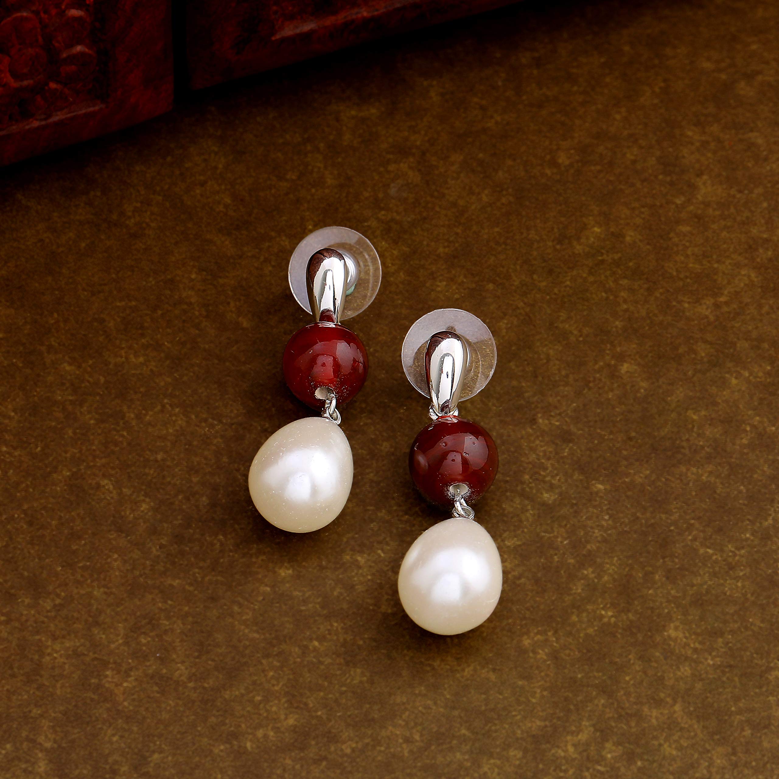 Rhodium Ruby Bead Pearl Drop Earrings