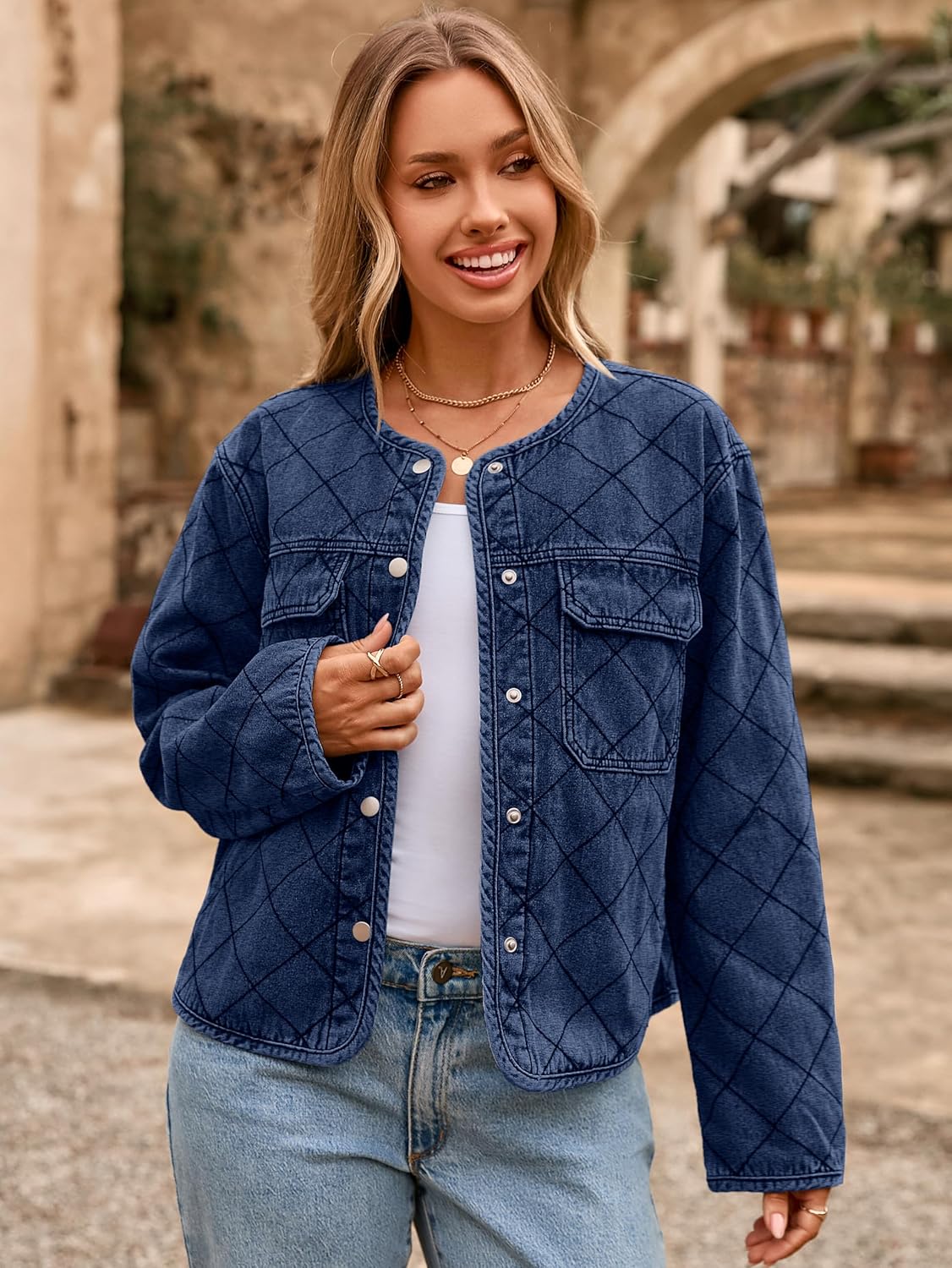 Glamaker Jean Jacket Women Denim Long Sleeve Button Down Diamond Quilted Lightweight Jackets Fall Winter Shacket Coats - Image 2