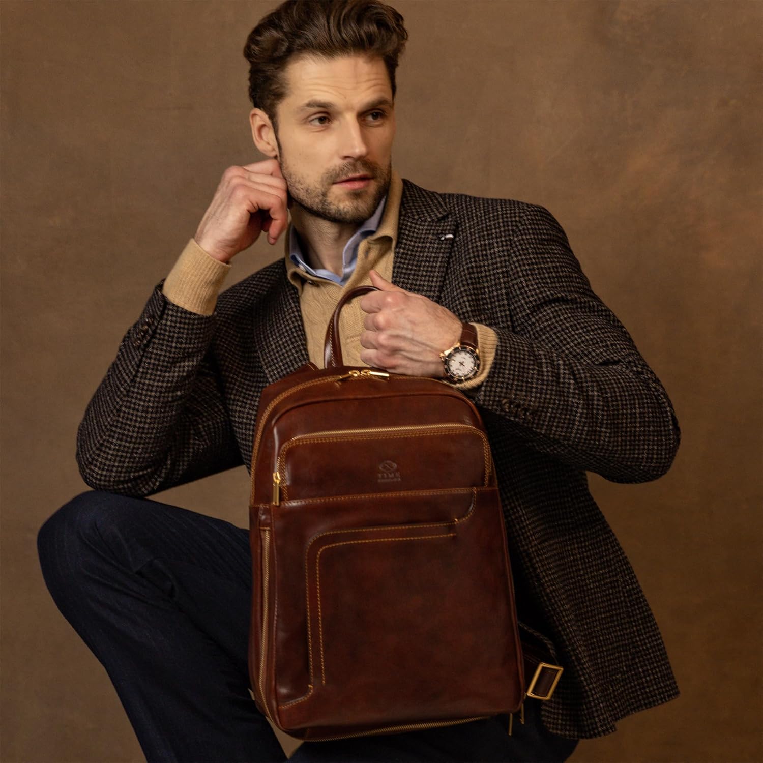 Time Resistance Leather Business Backpack - Laptop and A4 Portfolio Bag - Travel Bag Rucksack (Brown) - Image 3