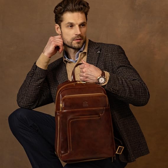 Time Resistance Leather Business Backpack - Leather Backpack for Laptop or A4 Portfolio - Computer Bag Made in Italy (Brown)