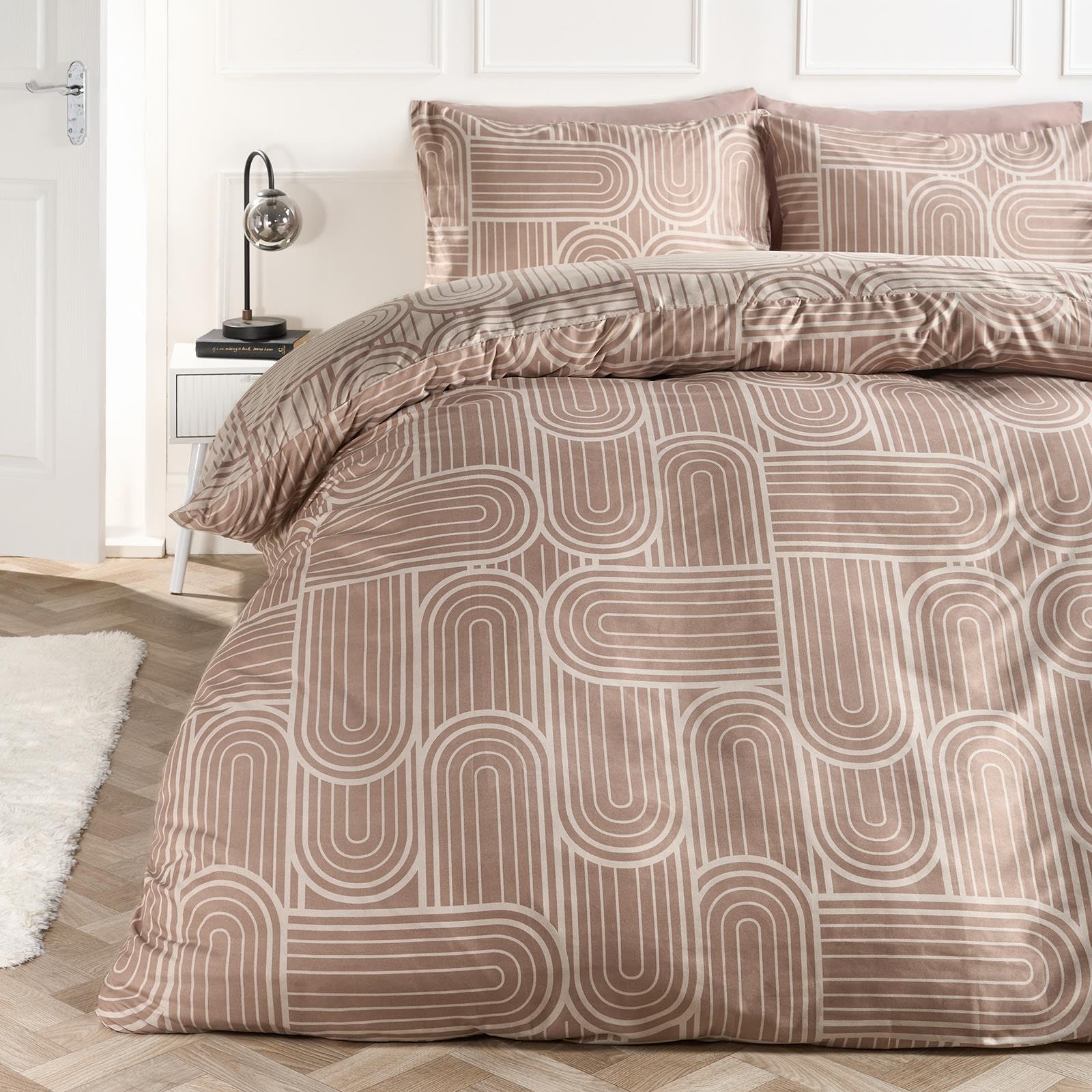 OHS Bedding Superking Duvets Sets, Reversible Super Soft Cosy Warm Microfibre Polyester Stylish Arches Superking Bedding Quilt Cover Comfy Duvet Cover Sets with Pillowcases, Natural/Stone