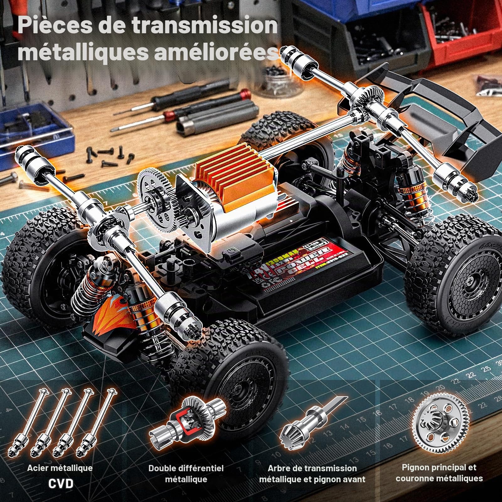 Voiture Télécommandée RC 4x4 Tout Terrain 1:18, Jusqu’à 36 km/h,Moteur RC380&ESC 30A,Transmission Métal,2x7,4 V 1300 mAh,2,4 GHz Résistante aux Éclaboussures,RC Car Haute Vitesse pour Garçon/Homme