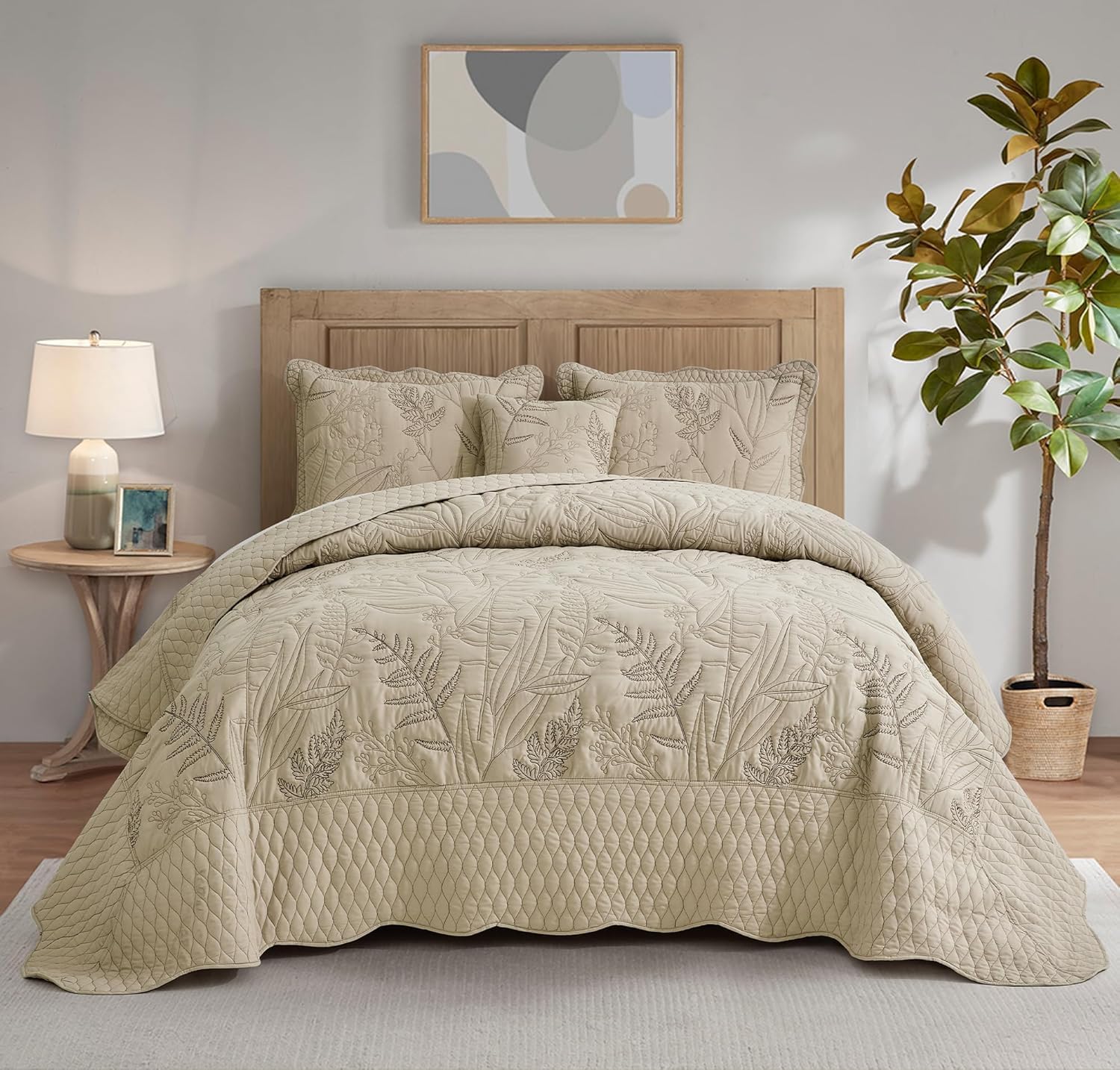 Botanical Oversized Bedspread King Size - Leaves Pattern Stitching Quilt Set - Elegant & Fresh Style Bedding Coverlets, Reversible, Lightweight, 5 Piece, Taupe