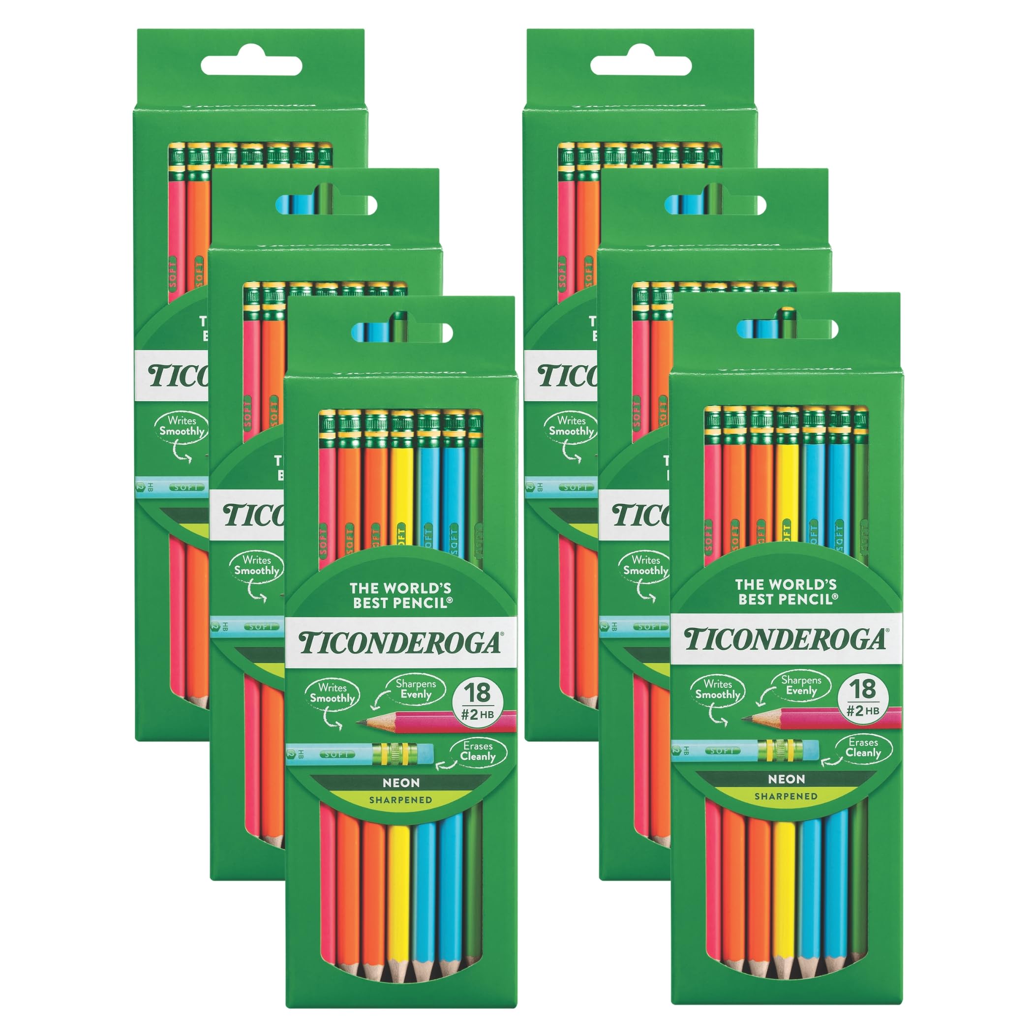 Ticonderoga Neon Pencils, #2 Pre-Sharpened Wood Pencils with Erasers, 18-Count, 13018 (Pack of 6, 108 Count Total)