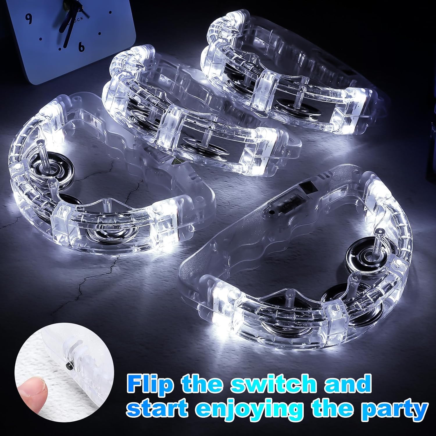 50 Pack LED Light up Tambourines with Flashing Lights Tambourine for Adults, Glow in The Dark Half Moon Handheld Percussion Musical Instrument for Weddings Dance Floor Props(White Lights)