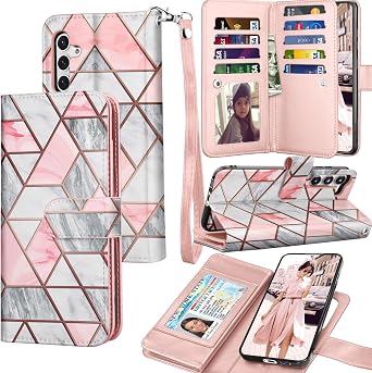 Galaxy S24 Case, Galaxy S24 Wallet Case, Tekcoo PU Leather ID Cash Credit Card Slots Holder Carrying Folio Flip Cover [Detachable Magnetic Hard Case] for Samsung S24 5G [Marble]