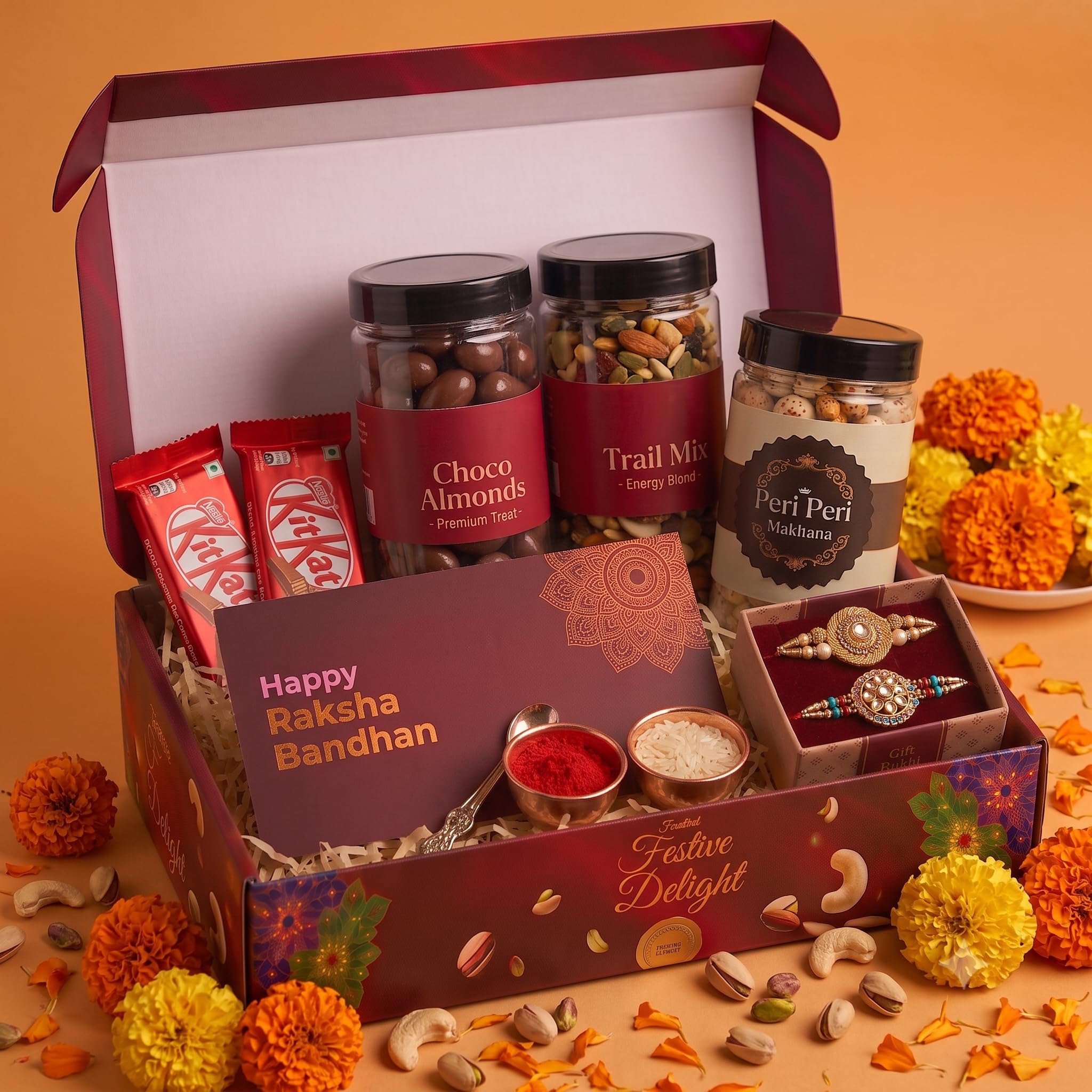 Bay Nut Rakhi Gift Hamper for Brother with 2 Rakhi | 100gm Choco Almond, 100gm Trailmix, 1 Jar Peri Peri Makhana, 2 Assorted Chocolates, Rolichawal & Greeting Card-image-33
