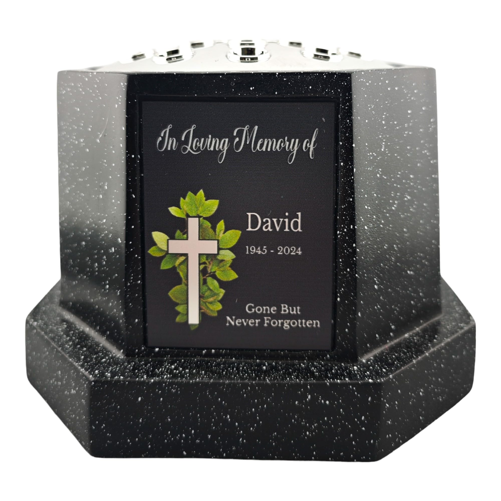 [Custom] Personalised Printed Black Memorial Rose Bowl Grave Marker Flower Pot Vase With Cross Design (UV PRINTED) (Silver Text)