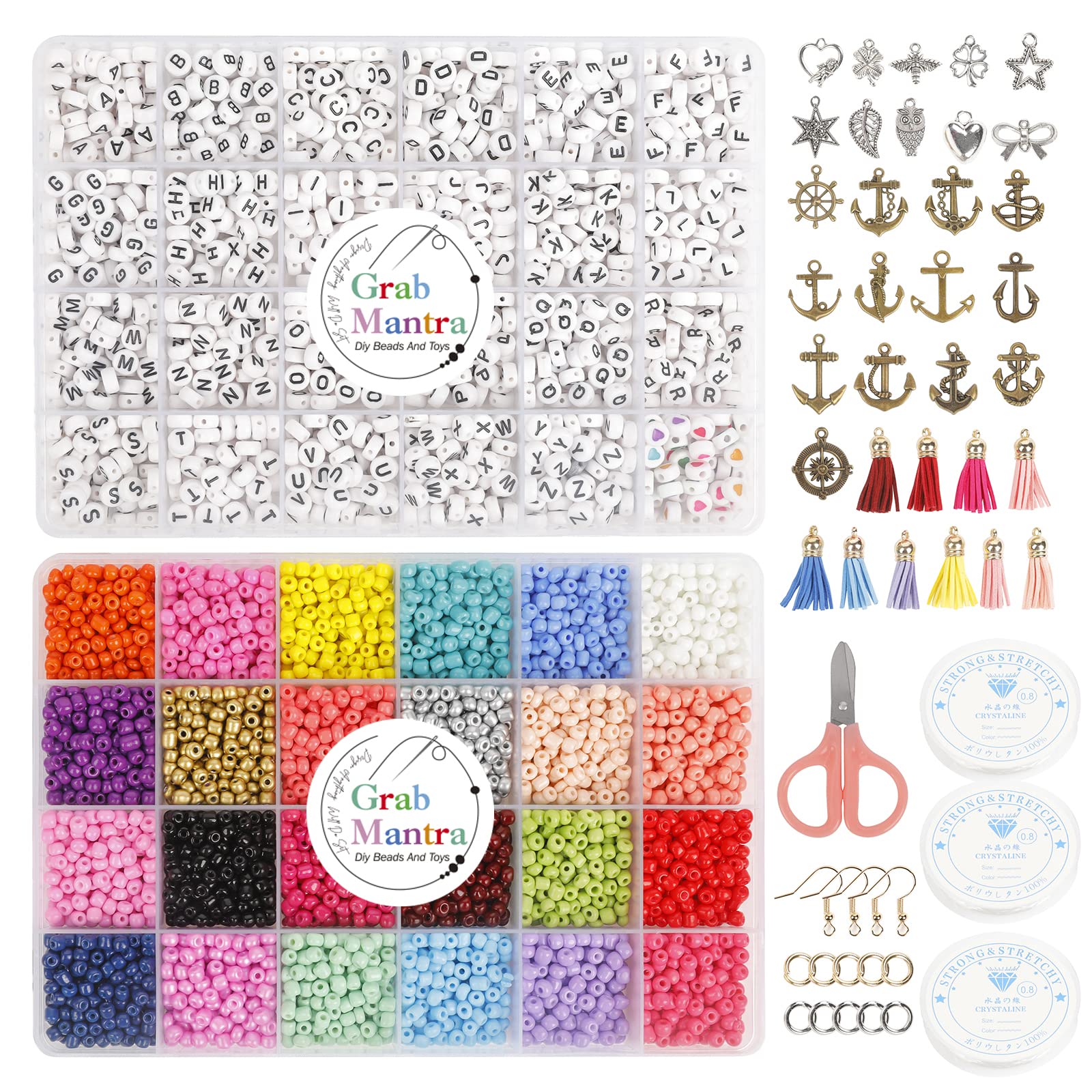 Grab Mantra Glass Seed Beads with Alphabet Letter Beads Double box for Jewelry Bracelets Making and Crafts with Accessories DIY Material (multicolor/Charms 4mm)