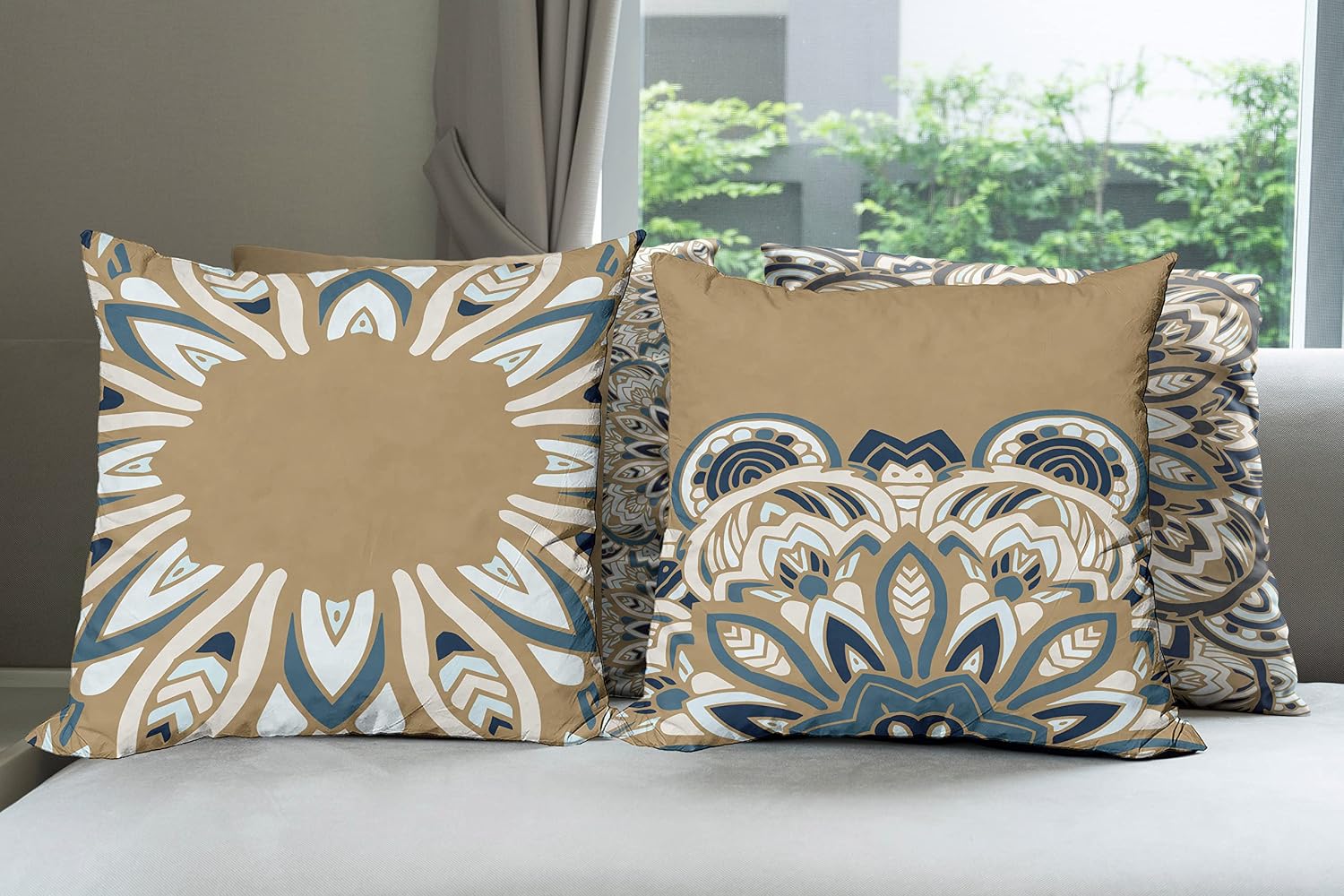 Ambesonne Mandala Throw Pillow Cushion Case Pack of 4, Multicolor Swirling Boho Artwork with Eastern Influences Abstract Look, Modern Accent Double-Sided Digital Printing, 16", Cadet Blue and Camel